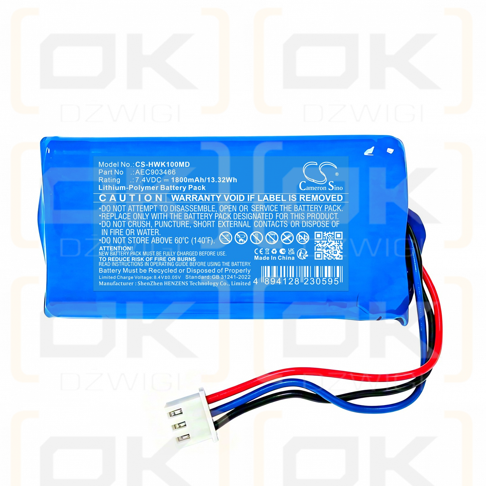 Replacement Battery for Hawkmed Infusion Pump HK-400III / AEC903466 1800 mAh Li-Polymer 7.4 V (Cameron Sino)