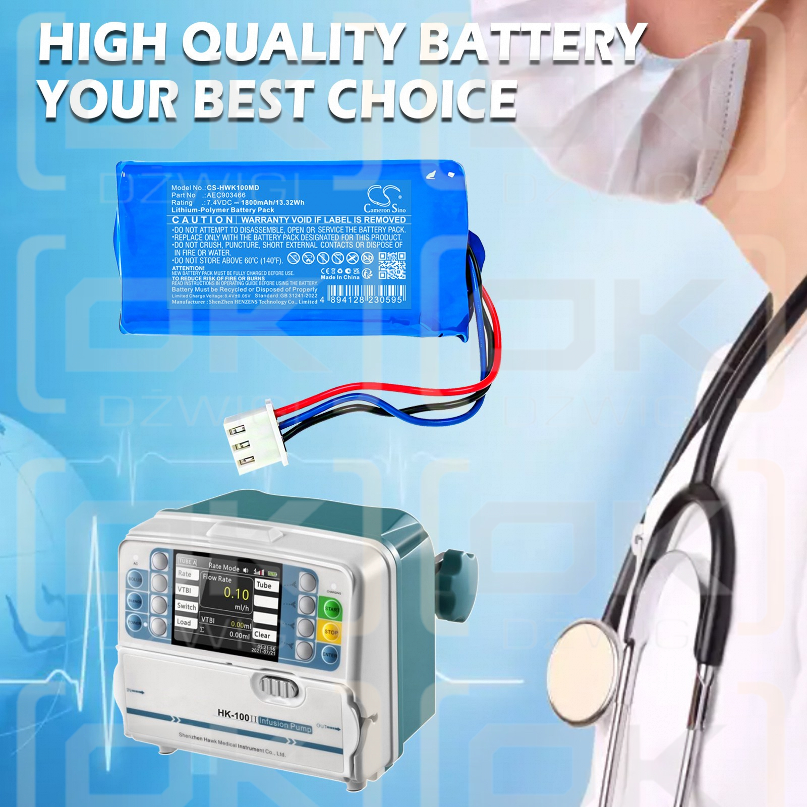 Replacement Battery for Hawkmed Infusion Pump HK-400III / AEC903466 1800 mAh Li-Polymer 7.4 V (Cameron Sino)