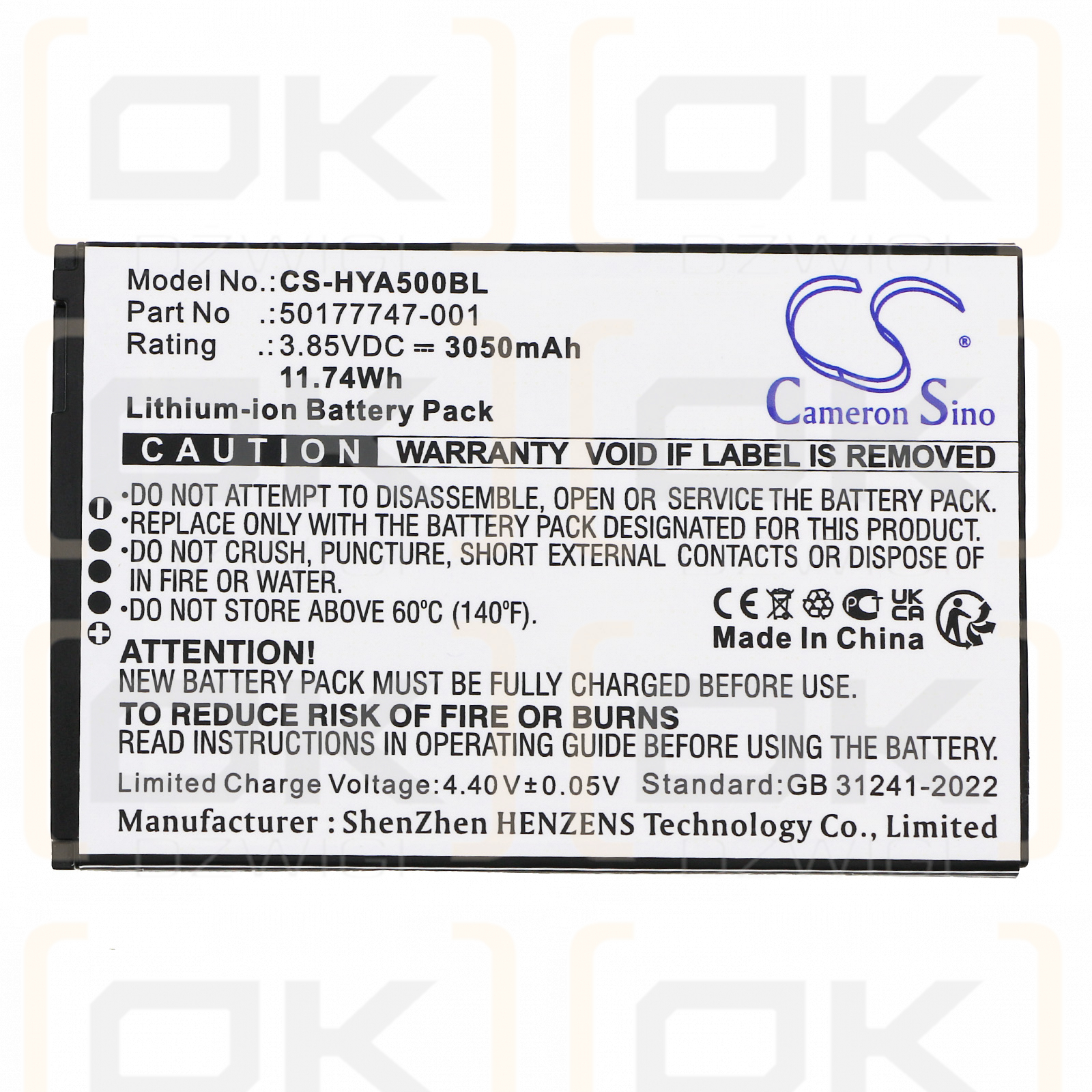 Honeywell ScanPal EDA5S / 50177747-001 3050mAh Li-ion 3.85V (Cameron Sino)