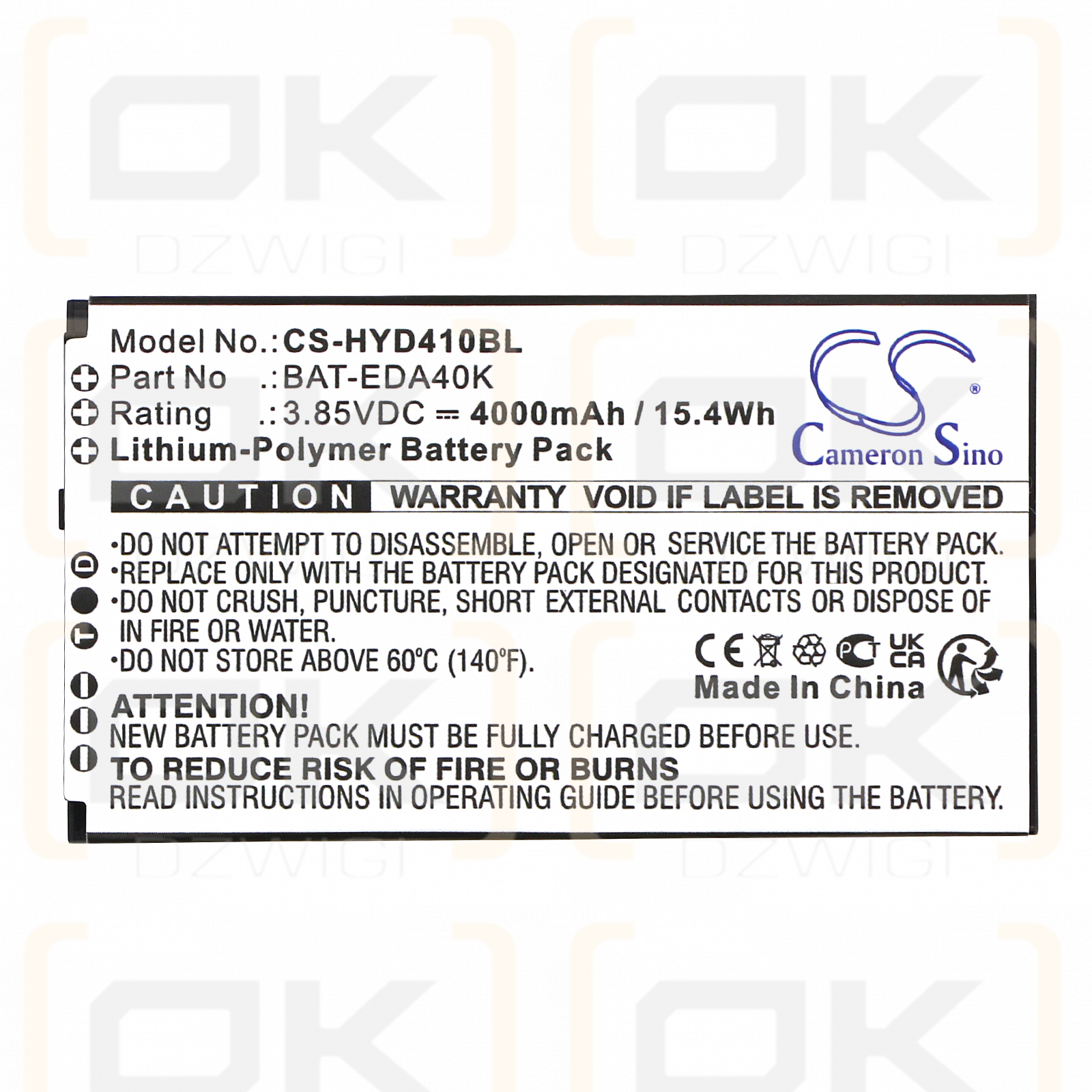 Honeywell EDA40K / BAT-EDA40K 4000mAh Li-Polymer 3.85V (Cameron Sino)