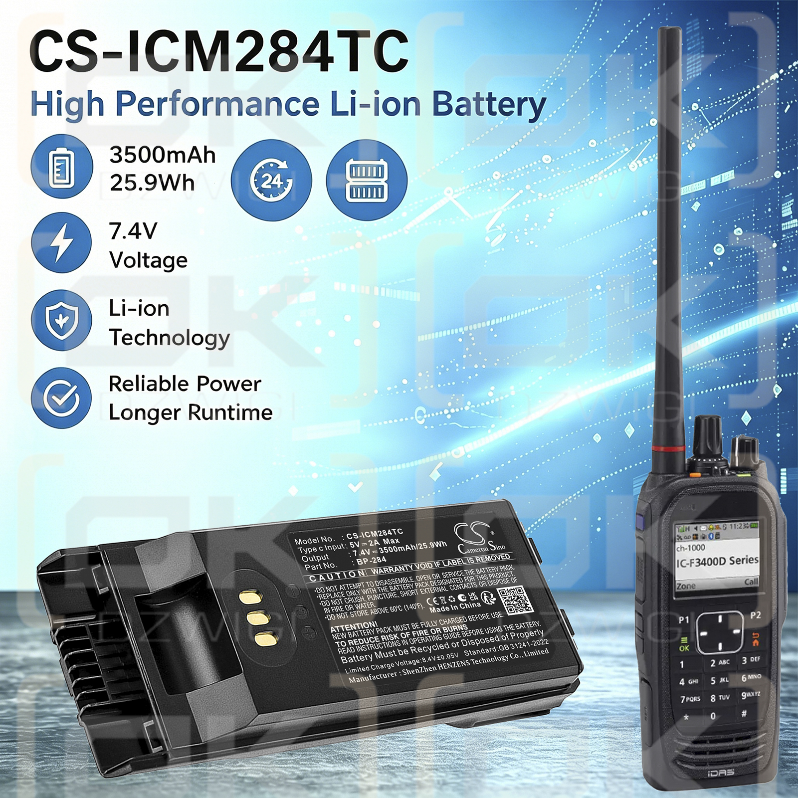 Batería de repuesto para Icom IP740D / BP-283, 3300 mAh, iones de litio, 7,4 V (Cameron Sino)