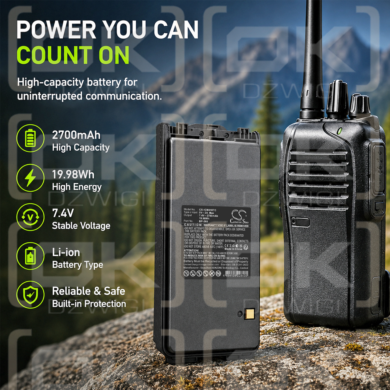 Batería de repuesto para Icom IC-V80E / BP-265, 2700 mAh, iones de litio, 7,4 V (Cameron Sino)