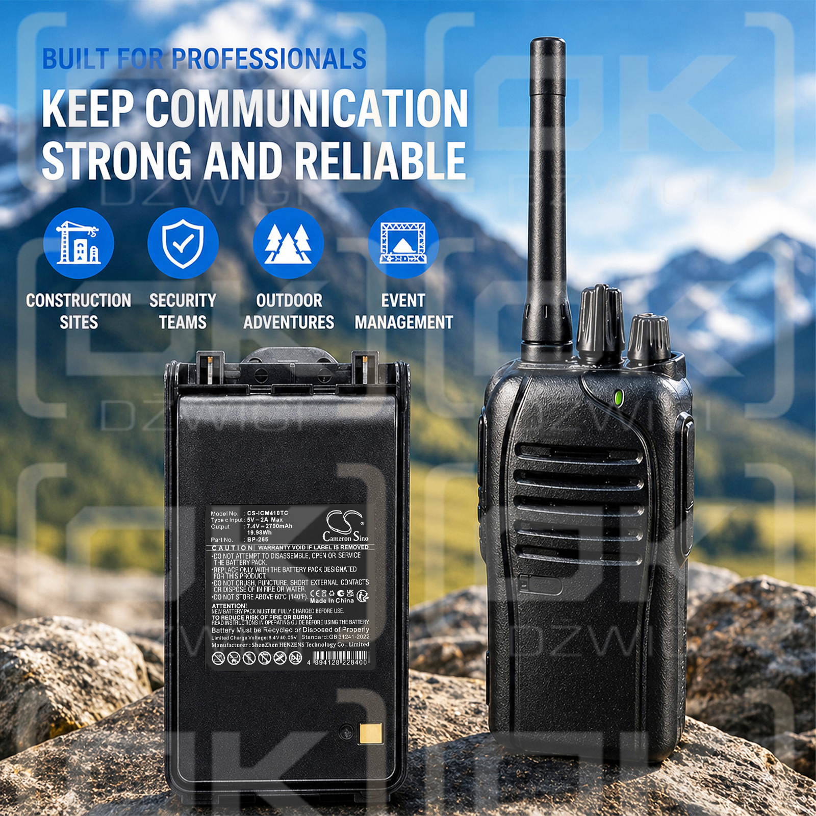 Batería de repuesto para Icom IC-V80E / BP-265, 2700 mAh, iones de litio, 7,4 V (Cameron Sino)