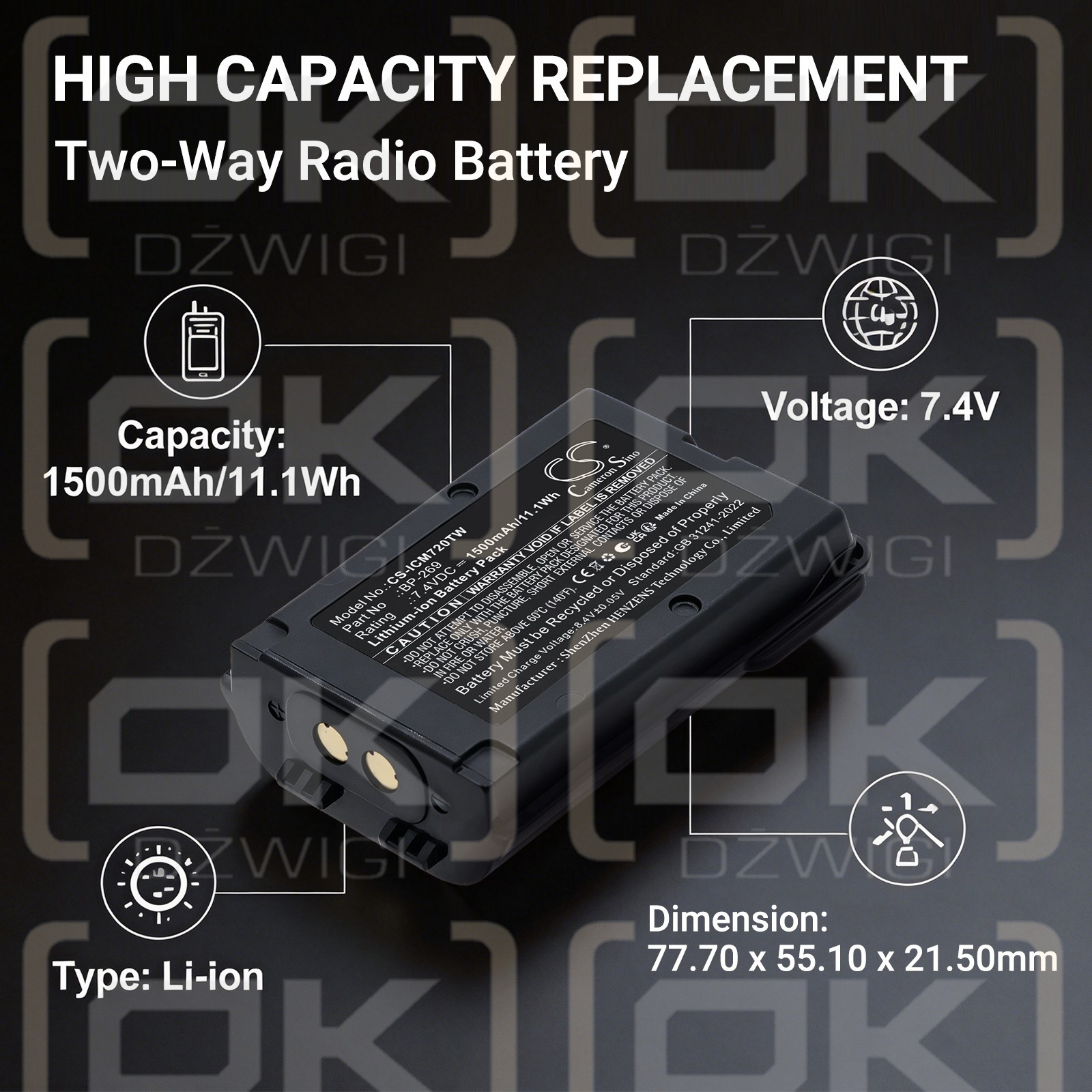 Batería de repuesto para Icom IC-M73J / BP-269, 1500 mAh, iones de litio, 7,4 V (Cameron Sino)
