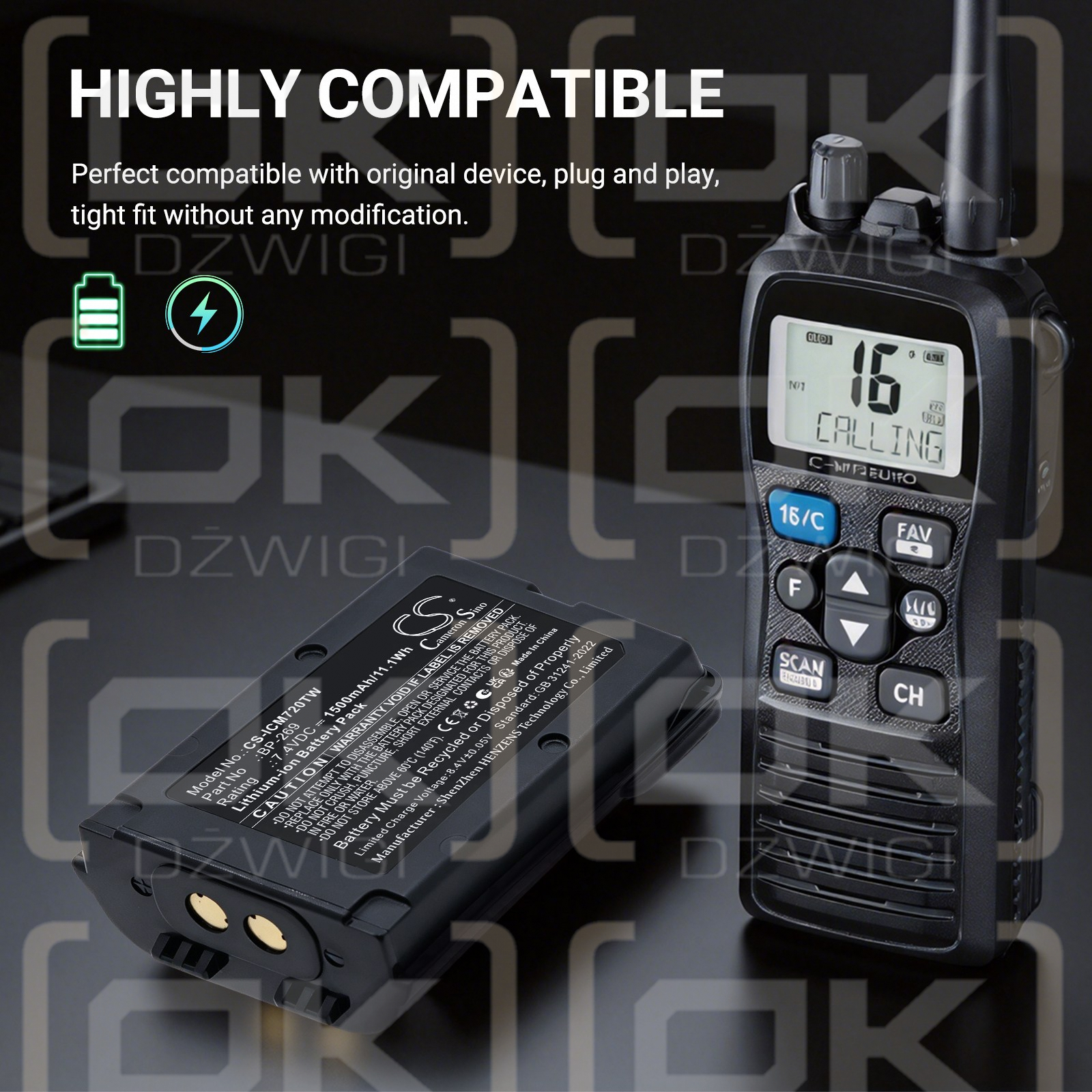 Batería de repuesto para Icom IC-M73J / BP-269, 1500 mAh, iones de litio, 7,4 V (Cameron Sino)