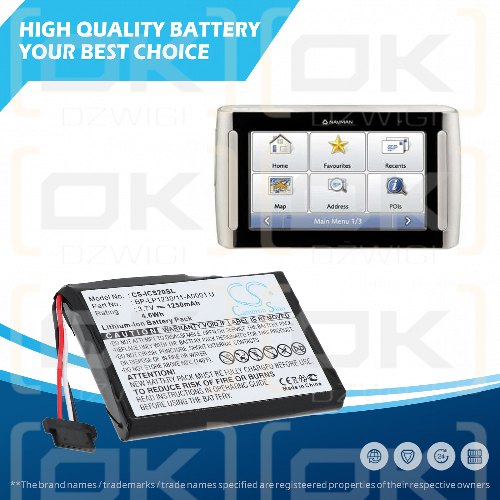 Navman S20 / 541380530002 1250 mAh Li-ion 3,7 V (Cameron Sino)