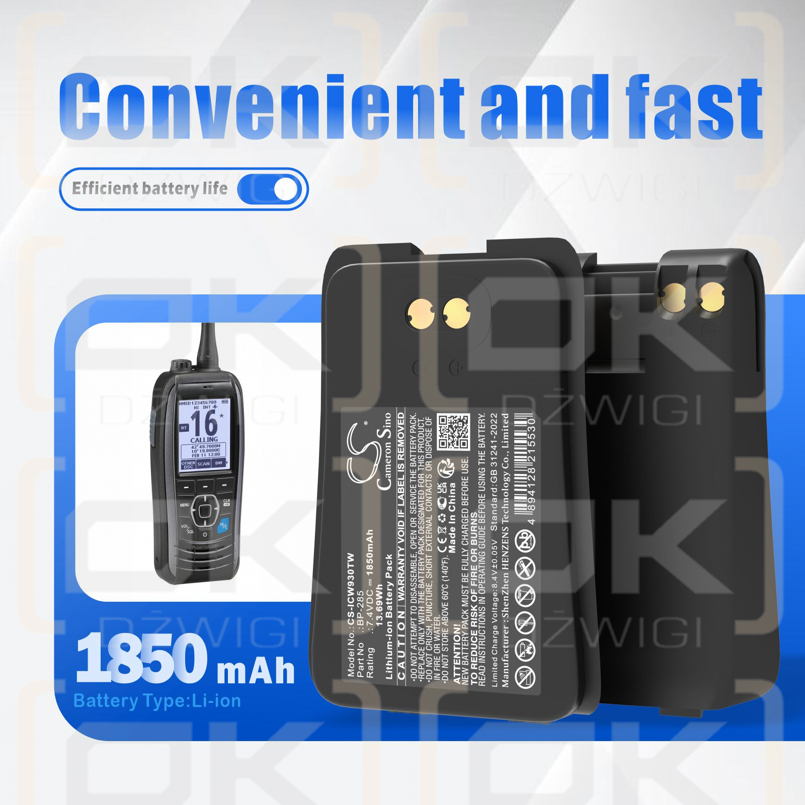 Batería de iones de litio Icom IC-M93D/BP-285 de 1850 mAh y 7,4 V (Cameron Sino)