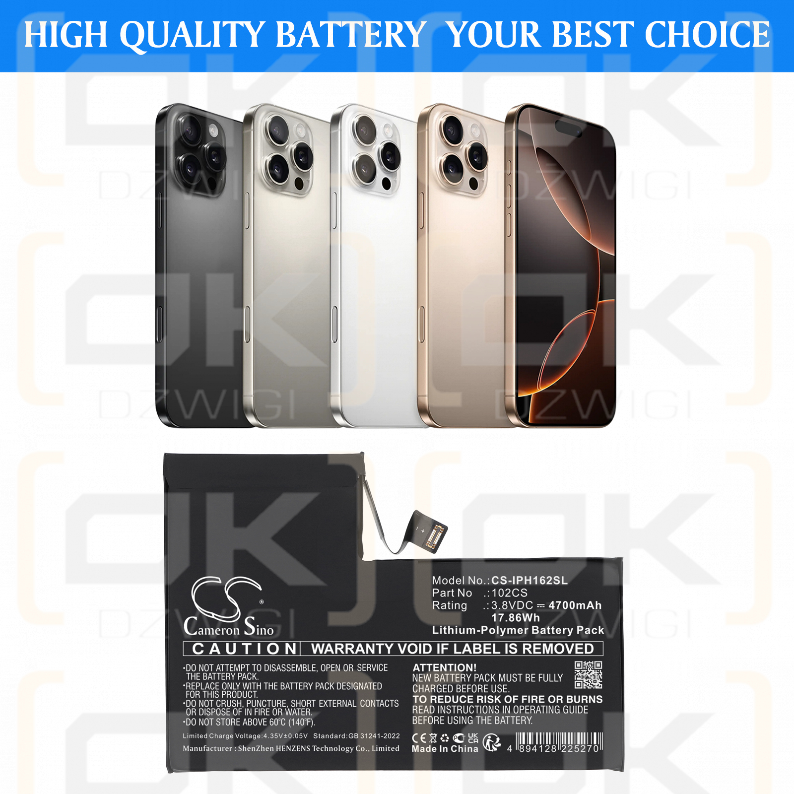 Apple iPhone 16 Pro Max / 102CS 4700 mAh Li-Polymer 3.8 V (Cameron Sino)