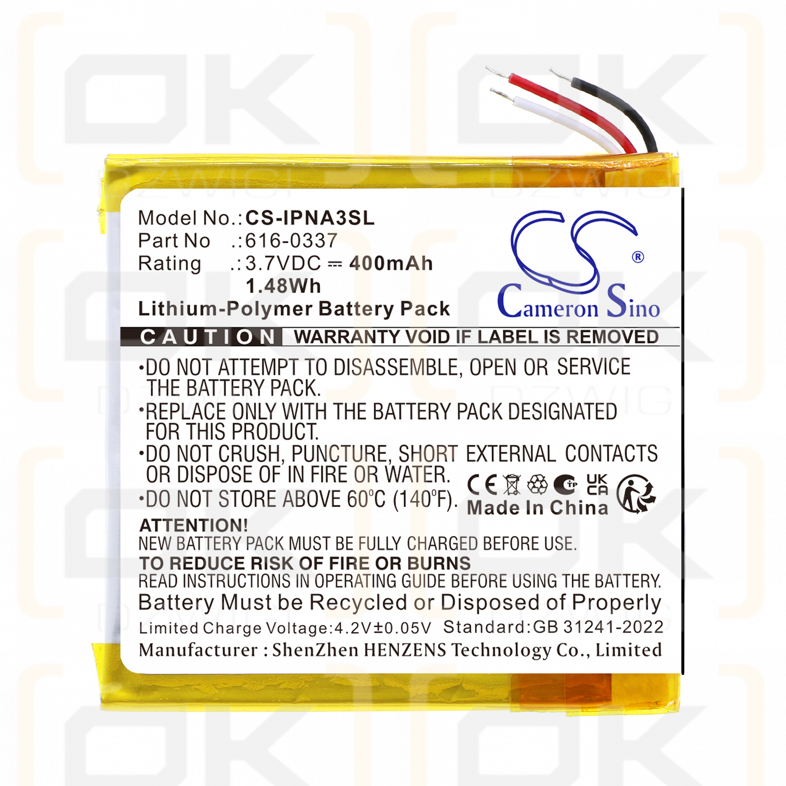 Bateria zamienna do Apple iPod Nano G3 8GB / 616-0311 400 mAh Li-Polymer 3.7 V (Cameron Sino)