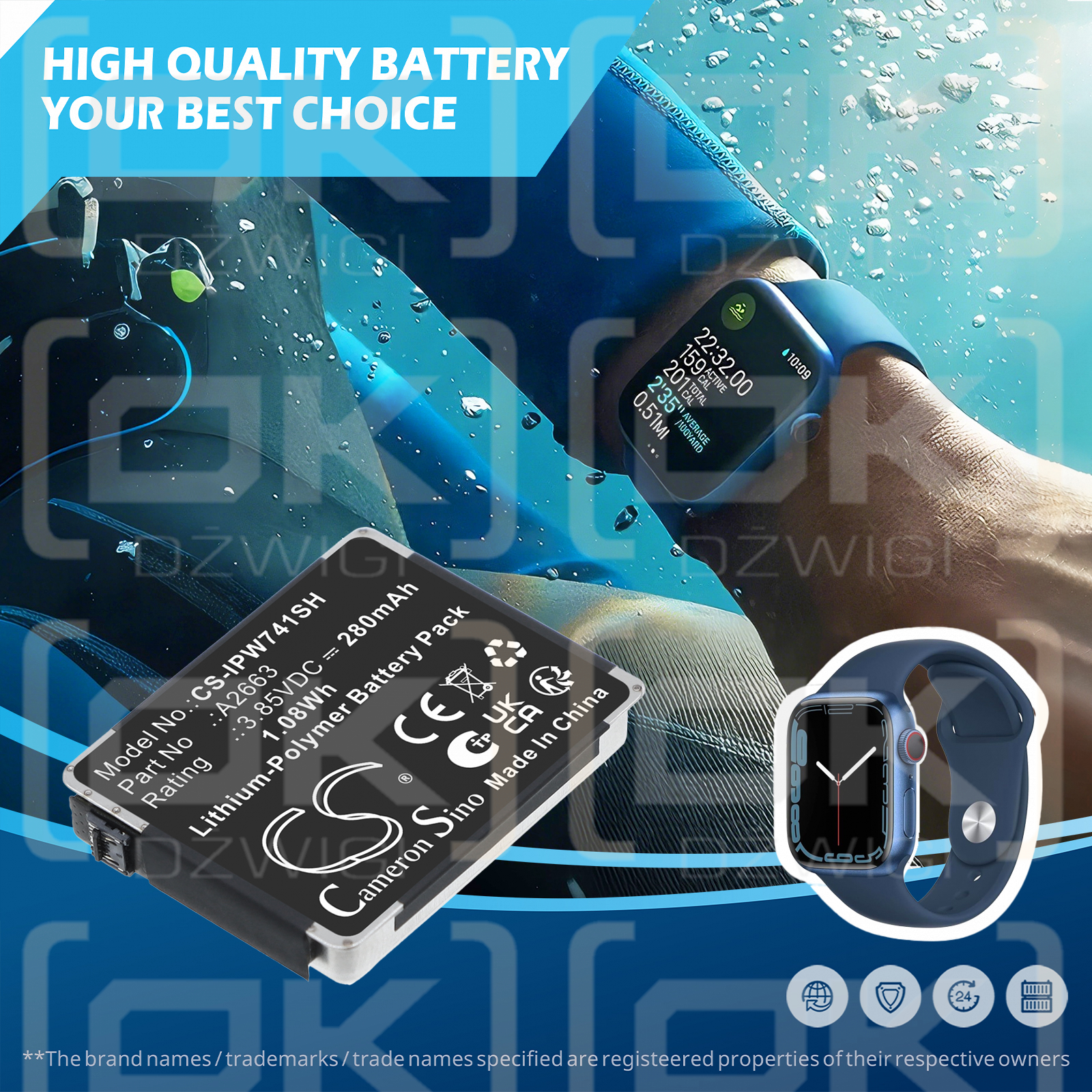 Apple Watch Serie S7 41 mm / A2663 280 mAh Polímero de litio 3,85 V (Cameron Sino)