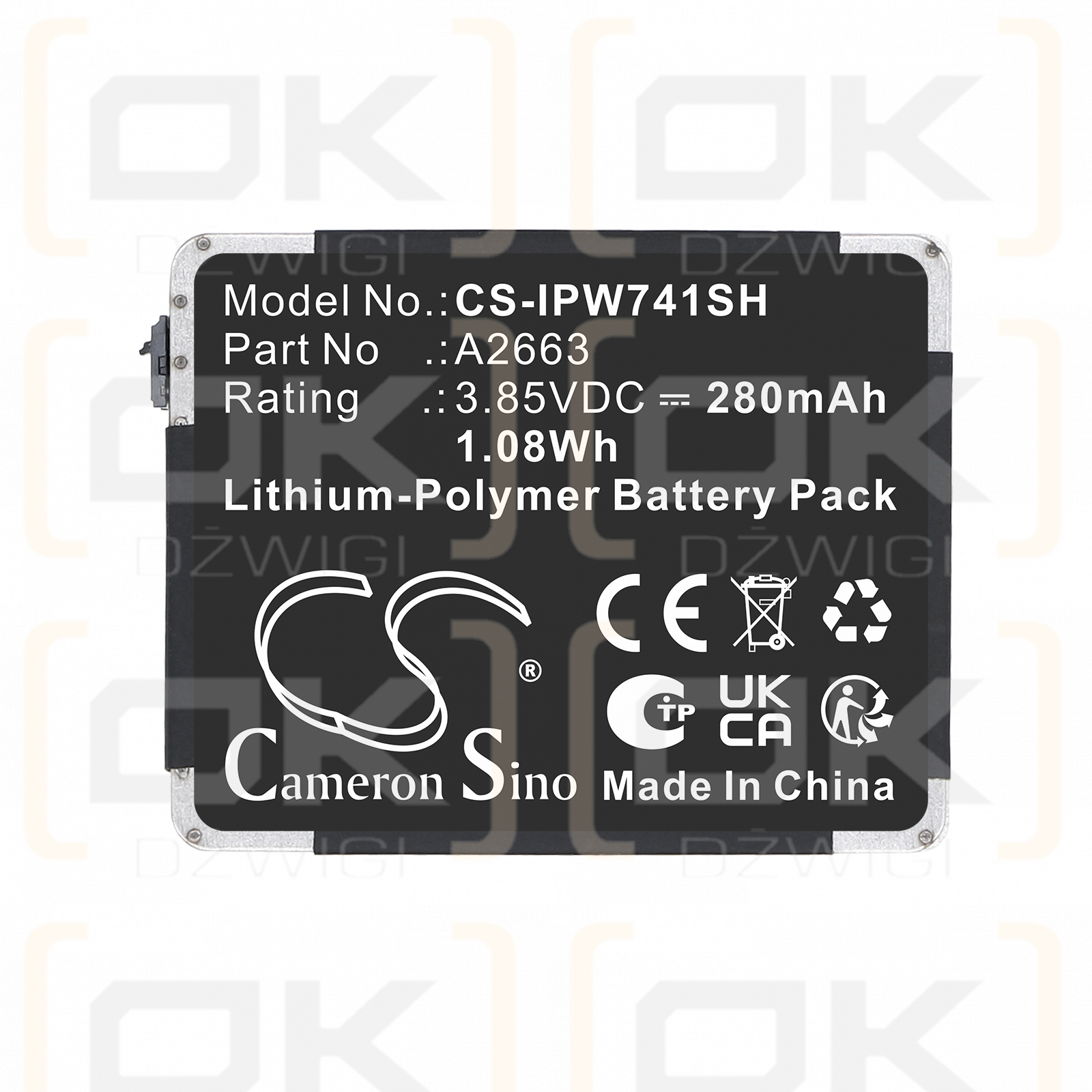 Apple Watch Serie S7 41 mm / A2663 280 mAh Polímero de litio 3,85 V (Cameron Sino)