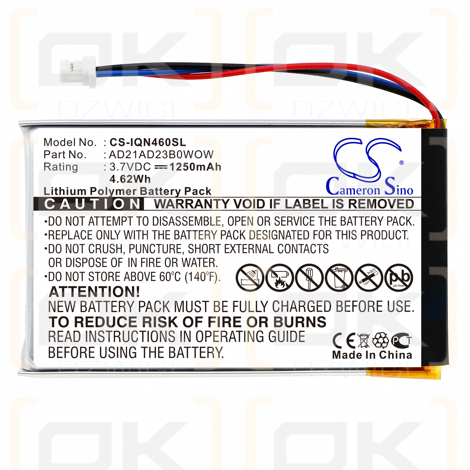 Garmin Nuvi 465LTM / AD21AD23B0WOW 1250mAh Li-Polymer 3.7V (Cameron Sino)