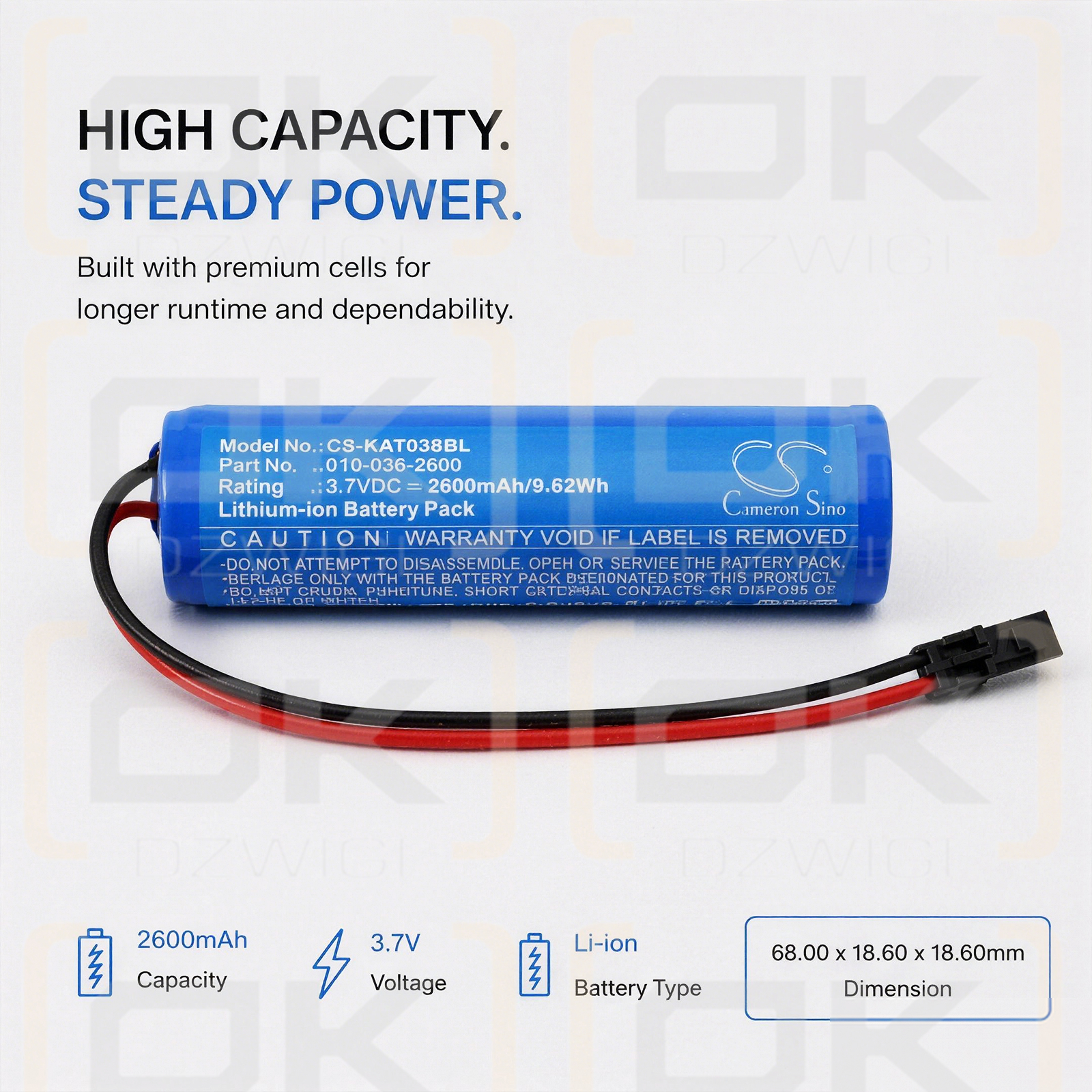 Replacement battery for KAR-TECH 390322A / 010-038-2600 2600 mAh Li-ion 3.7 V (Cameron Sino)