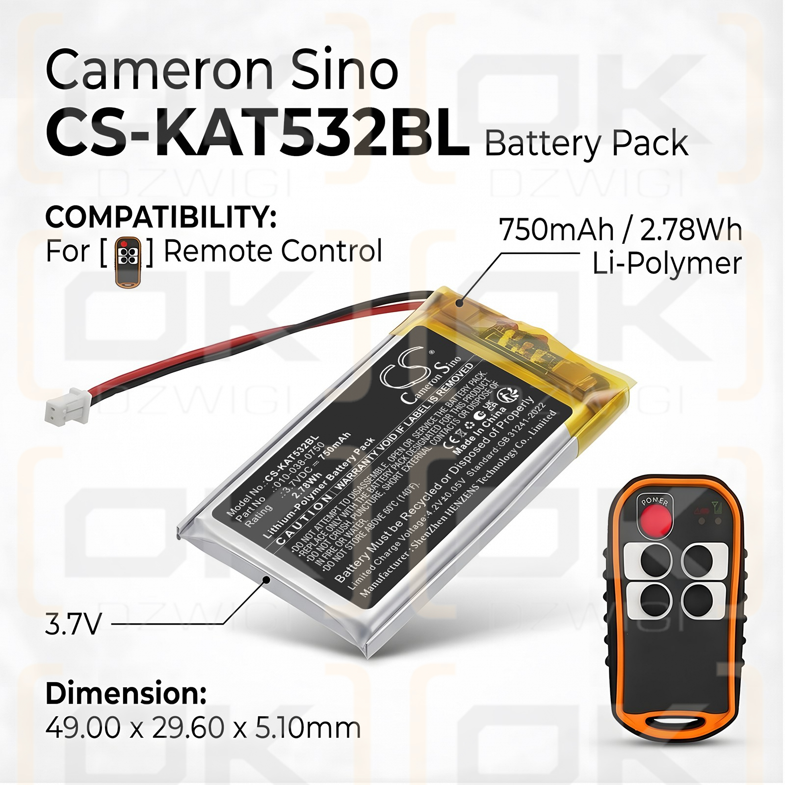 Bateria zamienna do KAR-TECH Putzmeister A612627 / 010-038-0750 750 mAh Li-Polymer 3.7 V (Cameron Sino)