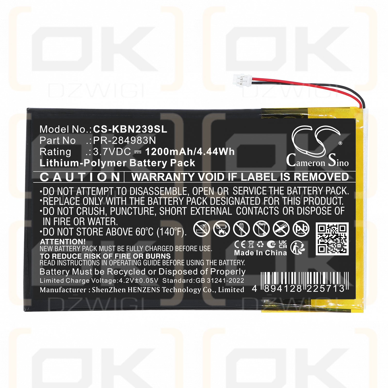 Replacement Battery for Kobo Clara HD N239 / PR-284983N 1200 mAh Li-Polymer 3.7 V (Cameron Sino)