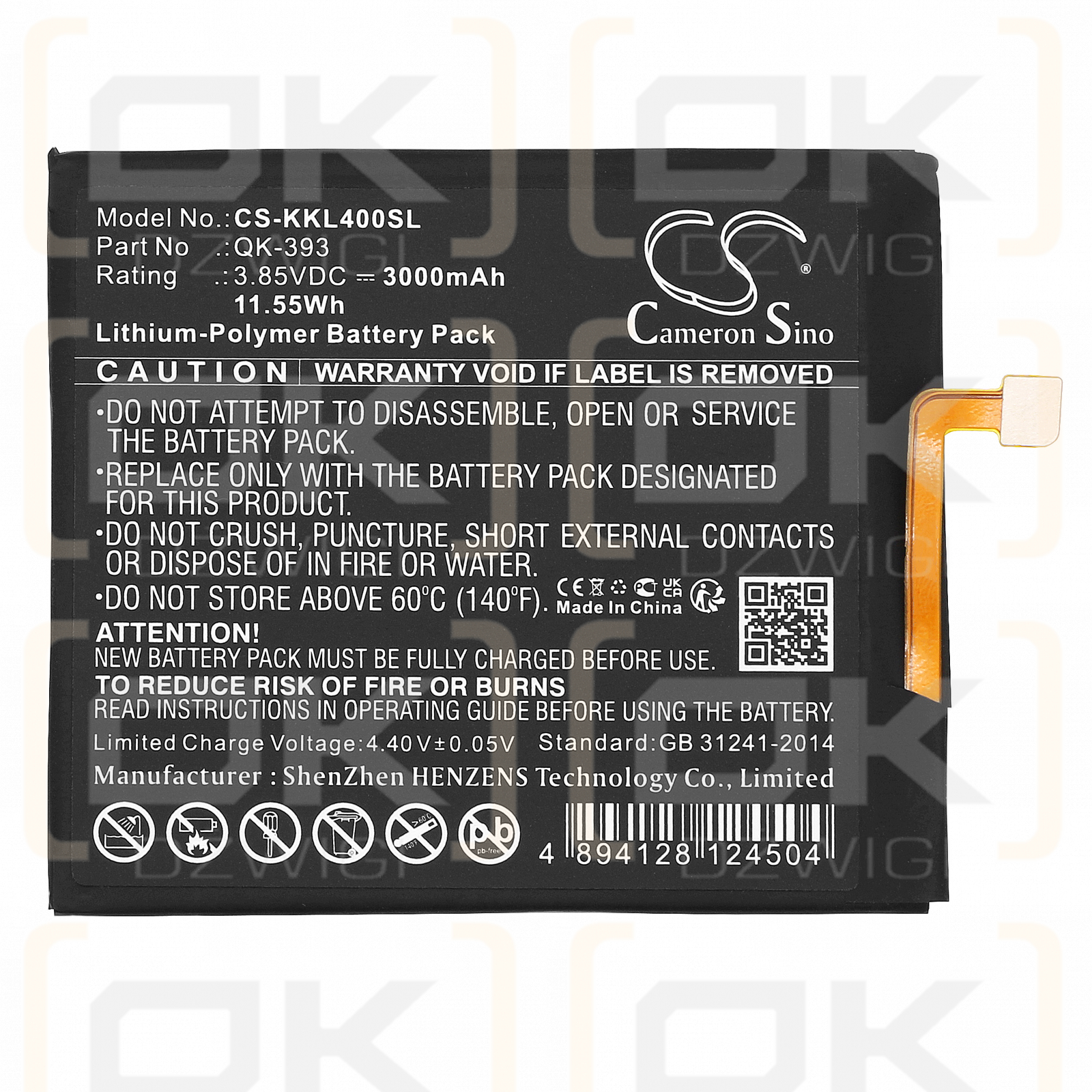 QiKU 1503-A02 / QK-393 3000mAh Li-Polymer 3.85V (Cameron Sino)