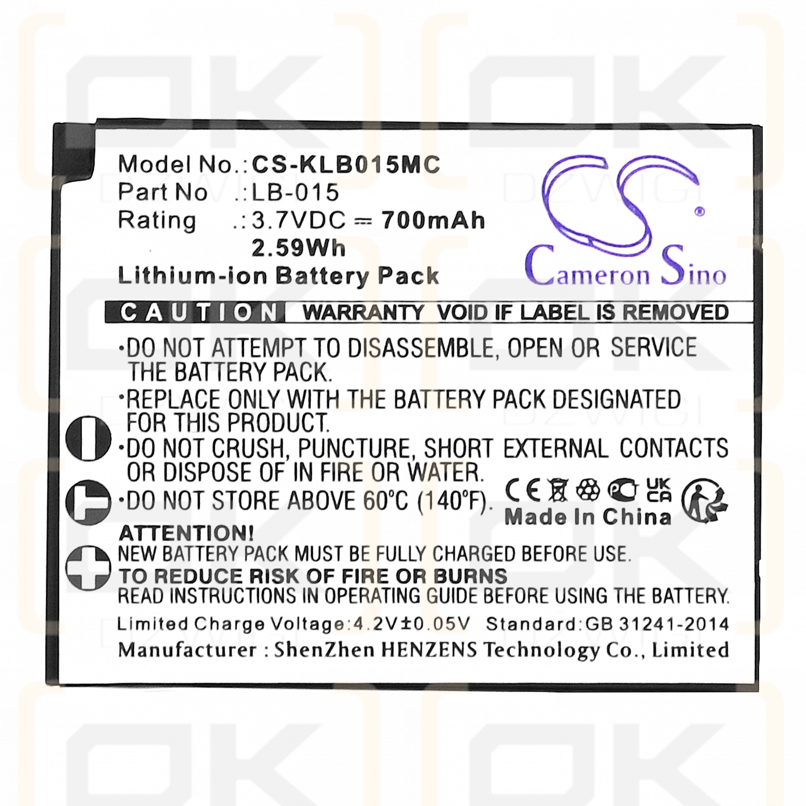 KODAK WPZ2 / LB-015 700mAh Li-ion 3.7V (Cameron Sino)