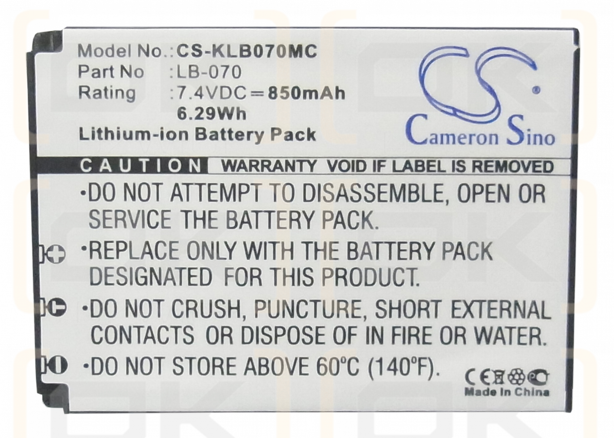 Kodak PIXPRO AZ901 / LB-070 850mAh Li-ion 7.4V (Cameron Sino)