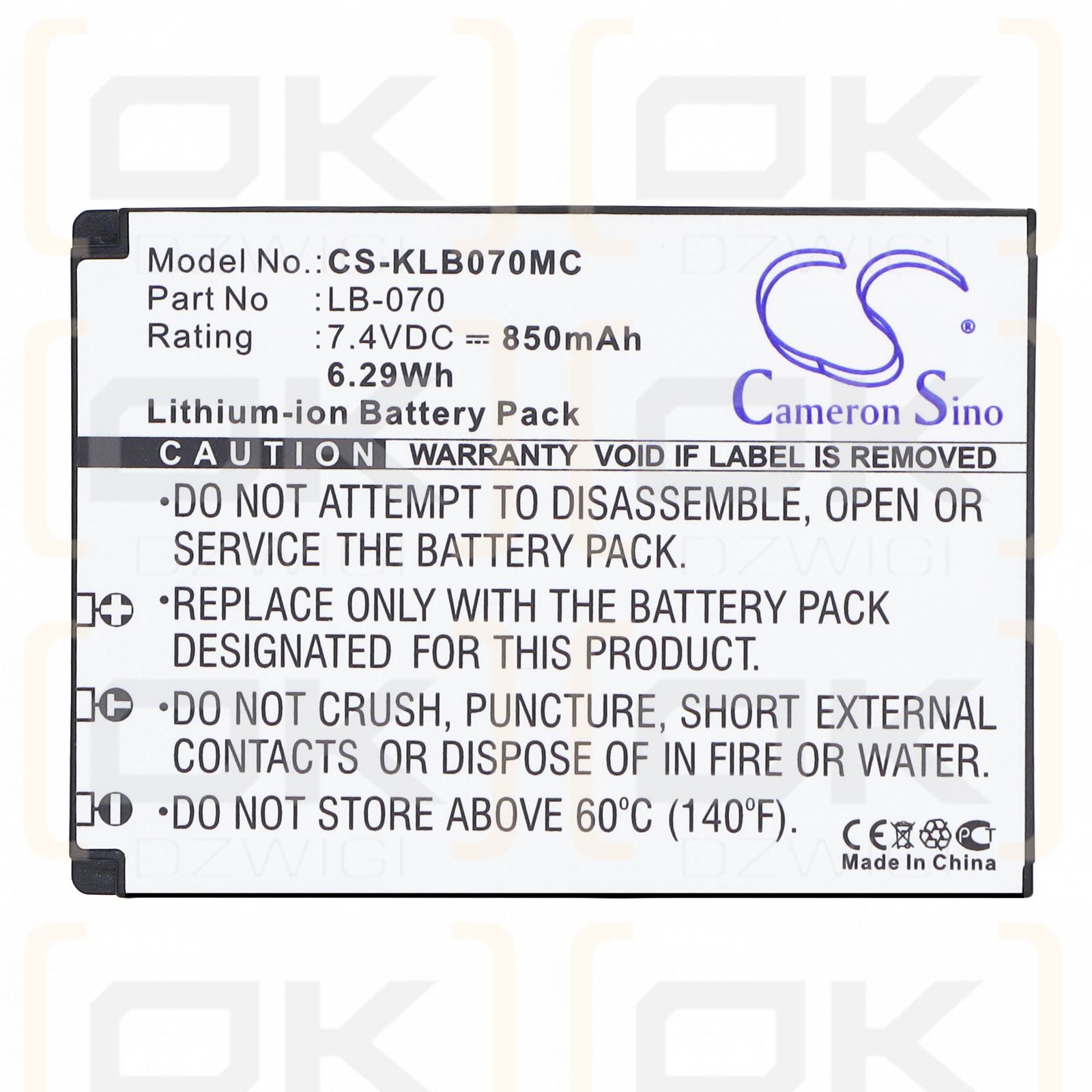 Kodak PIXPRO AZ901 / LB-070 850 mAh Li-ion 7,4 V (Cameron Sino)