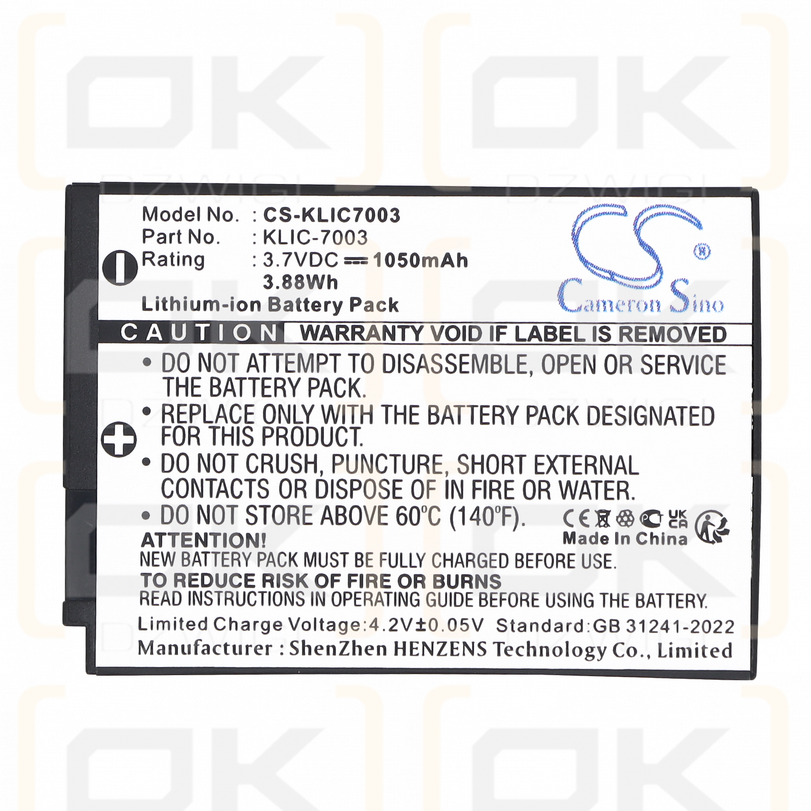 Replacement Battery for Kodak EasyShare Z950 / KLIC-7003 1050 mAh Li-ion 3.7 V (Cameron Sino)
