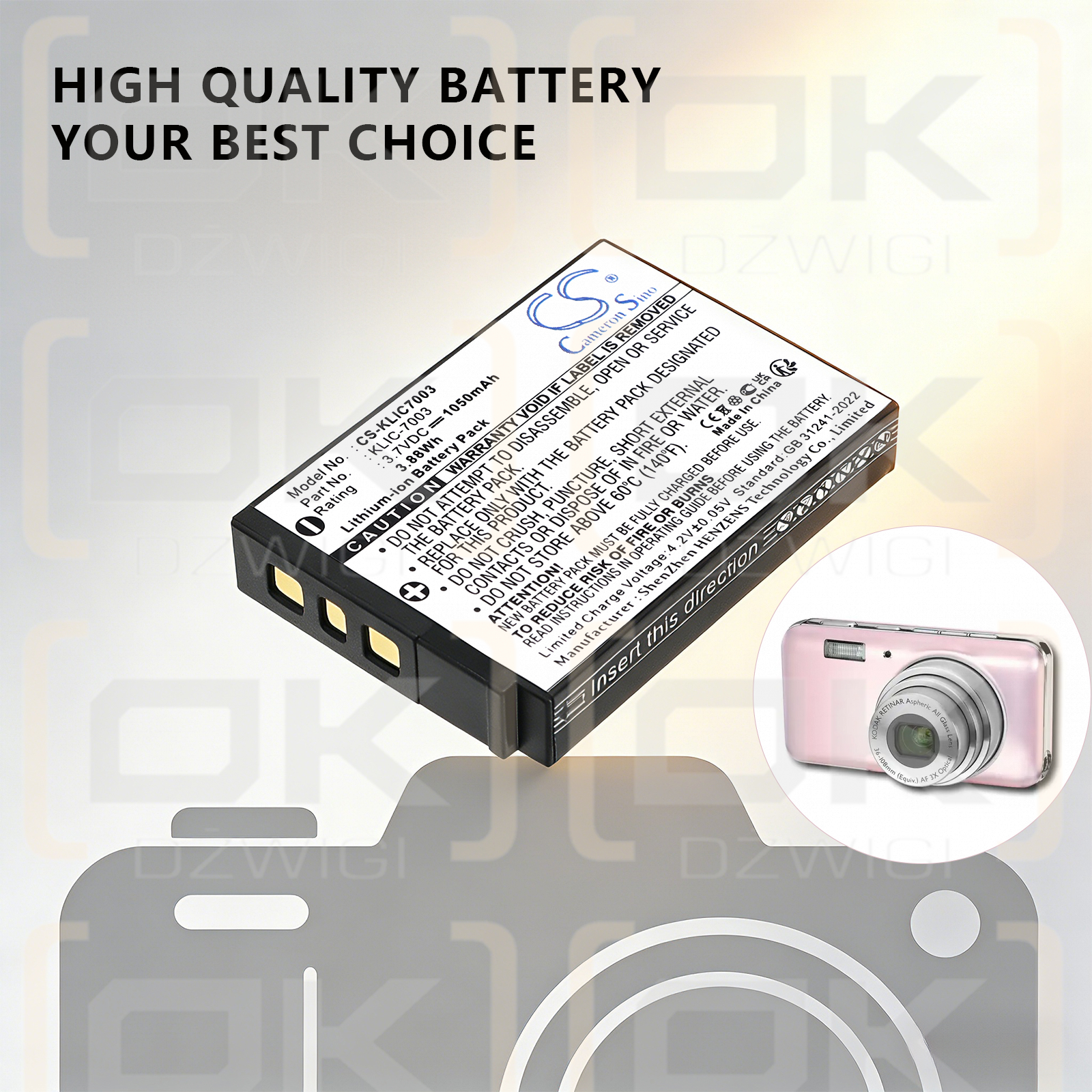 Replacement Battery for Kodak EasyShare Z950 / KLIC-7003 1050 mAh Li-ion 3.7 V (Cameron Sino)