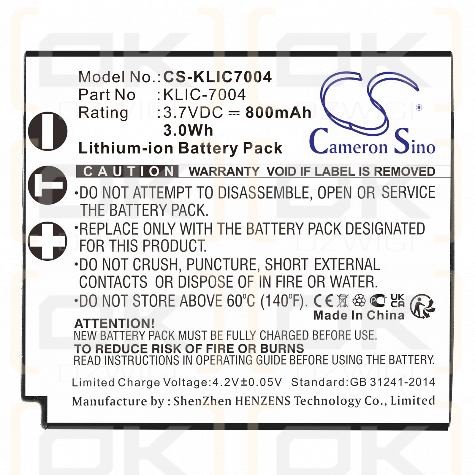 KODAK / KLIC-7004 800mAh Li-ion 3.7V (Cameron Sino)