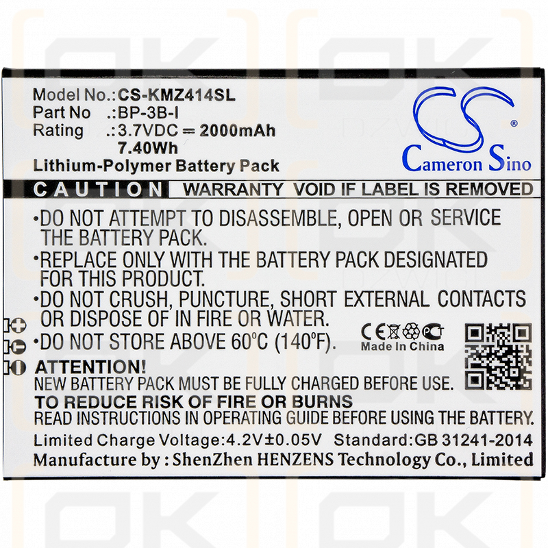 Ersatzakku für Kruger&Matz KM0408 / BP-3B-I 2000 mAh Li-Polymer 3,7 V (Cameron Sino)
