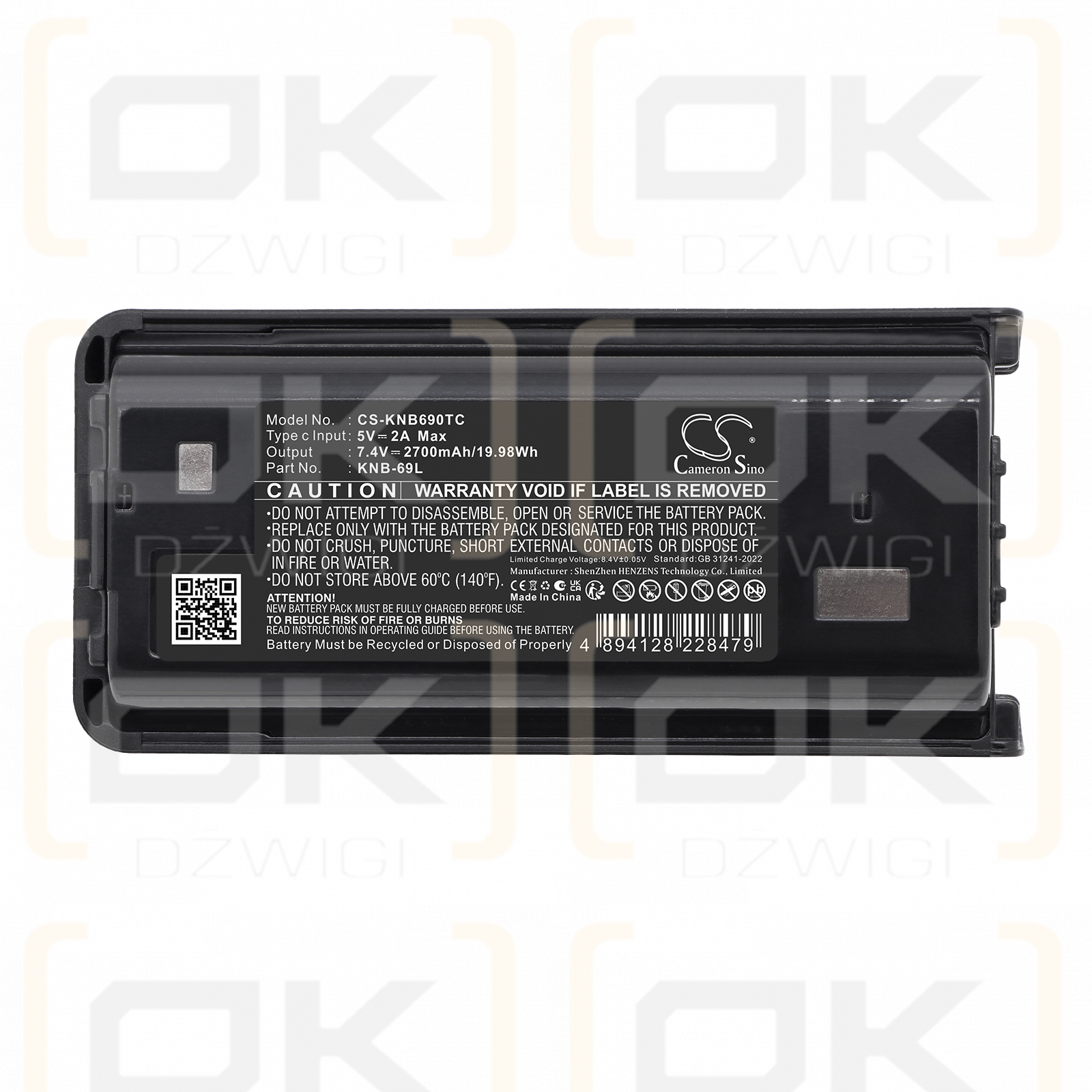 Batería de repuesto para Kenwood TK-D340 / KNB-69L, 2700 mAh, iones de litio, 7,4 V (Cameron Sino)