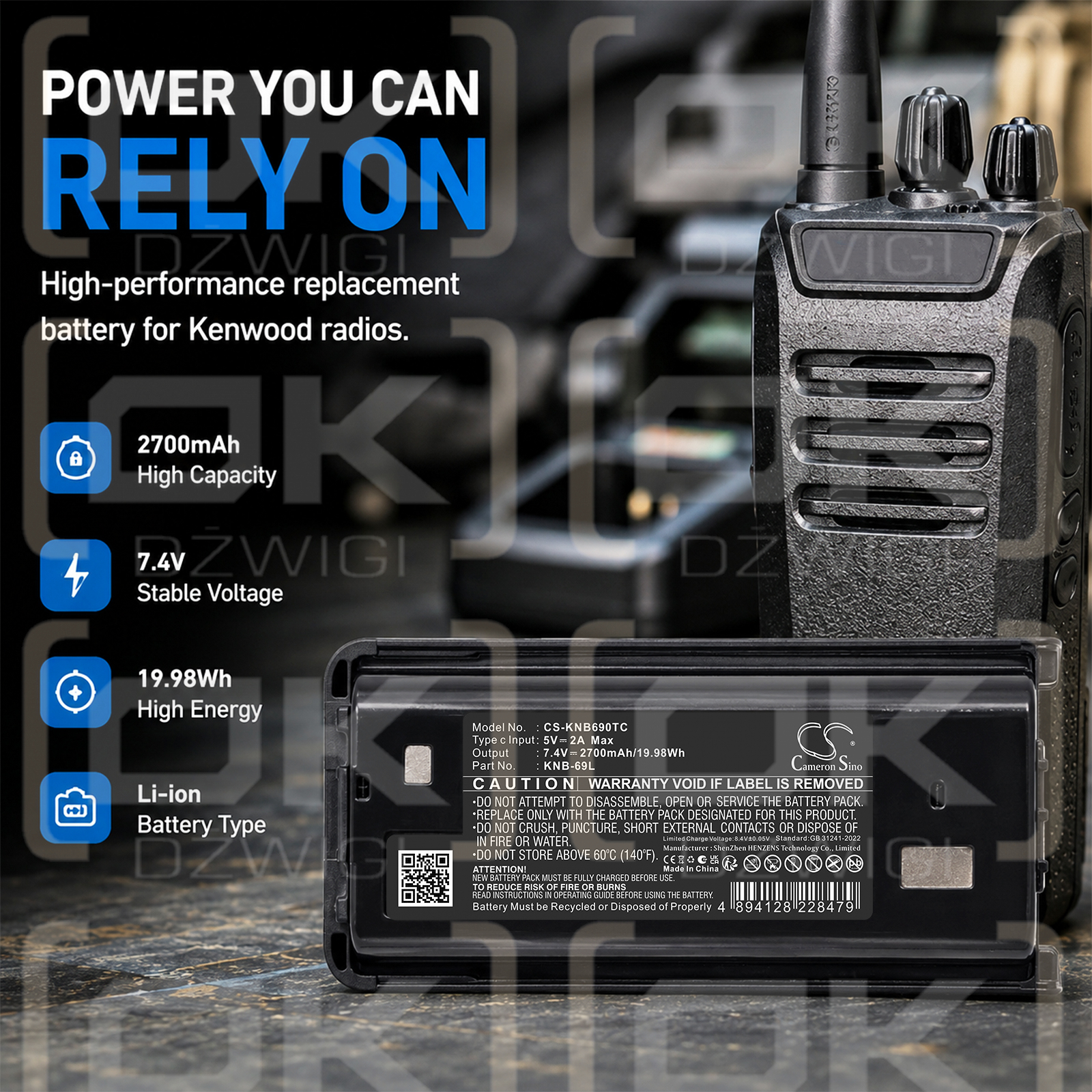 Batería de repuesto para Kenwood TK-D340 / KNB-69L, 2700 mAh, iones de litio, 7,4 V (Cameron Sino)