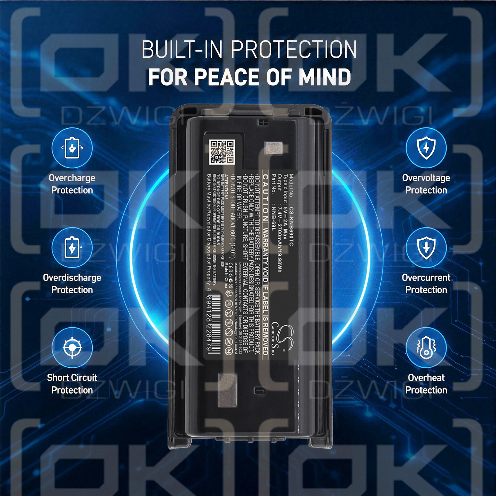 Batería de repuesto para Kenwood TK-D340 / KNB-69L, 2700 mAh, iones de litio, 7,4 V (Cameron Sino)