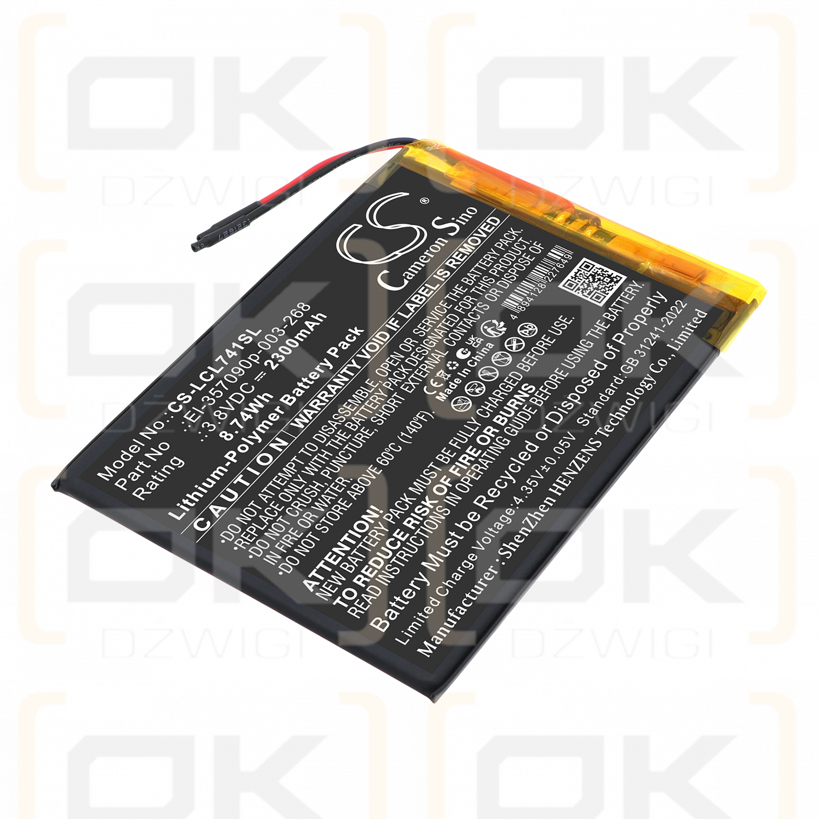 Replacement Battery for Logicom L-ement Tab 741 / El-357090p-003-268 2300 mAh Li-Polymer 3.8 V (Cameron Sino)