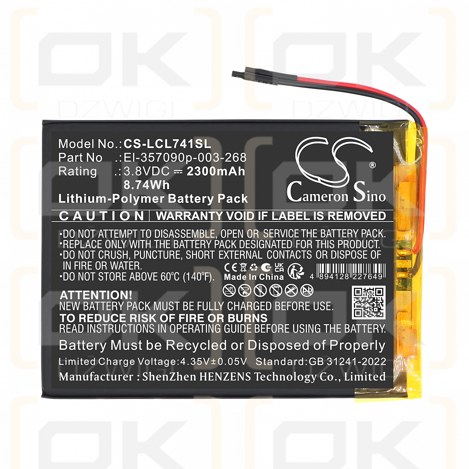 Replacement Battery for Logicom L-ement Tab 741 / El-357090p-003-268 2300 mAh Li-Polymer 3.8 V (Cameron Sino)
