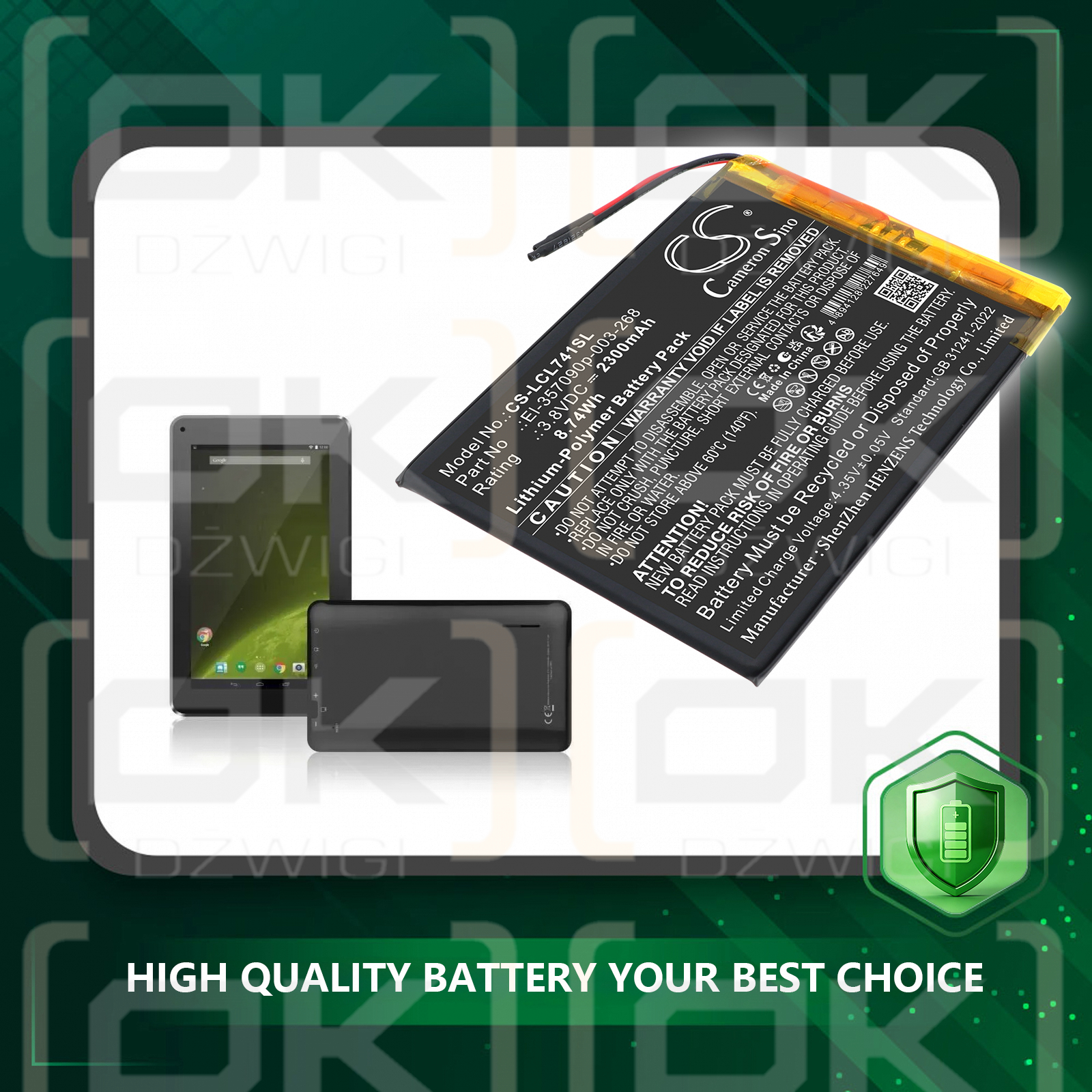 Replacement Battery for Logicom L-ement Tab 741 / El-357090p-003-268 2300 mAh Li-Polymer 3.8 V (Cameron Sino)