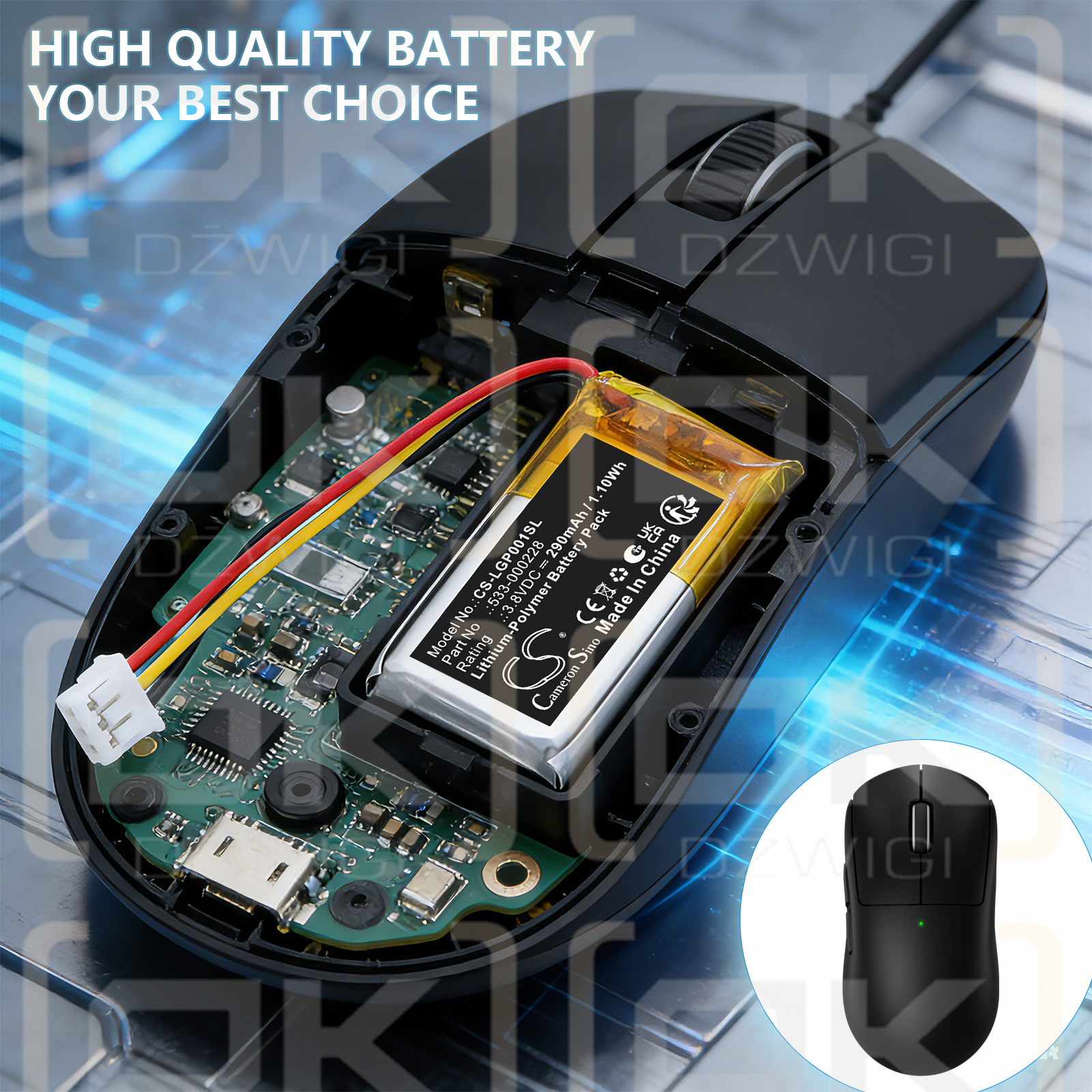 Replacement Battery for Logitech G Pro X Superlight 2 Gaming Mouse / 533-000228 290 mAh Li-Polymer 3.8 V (Cameron Sino)
