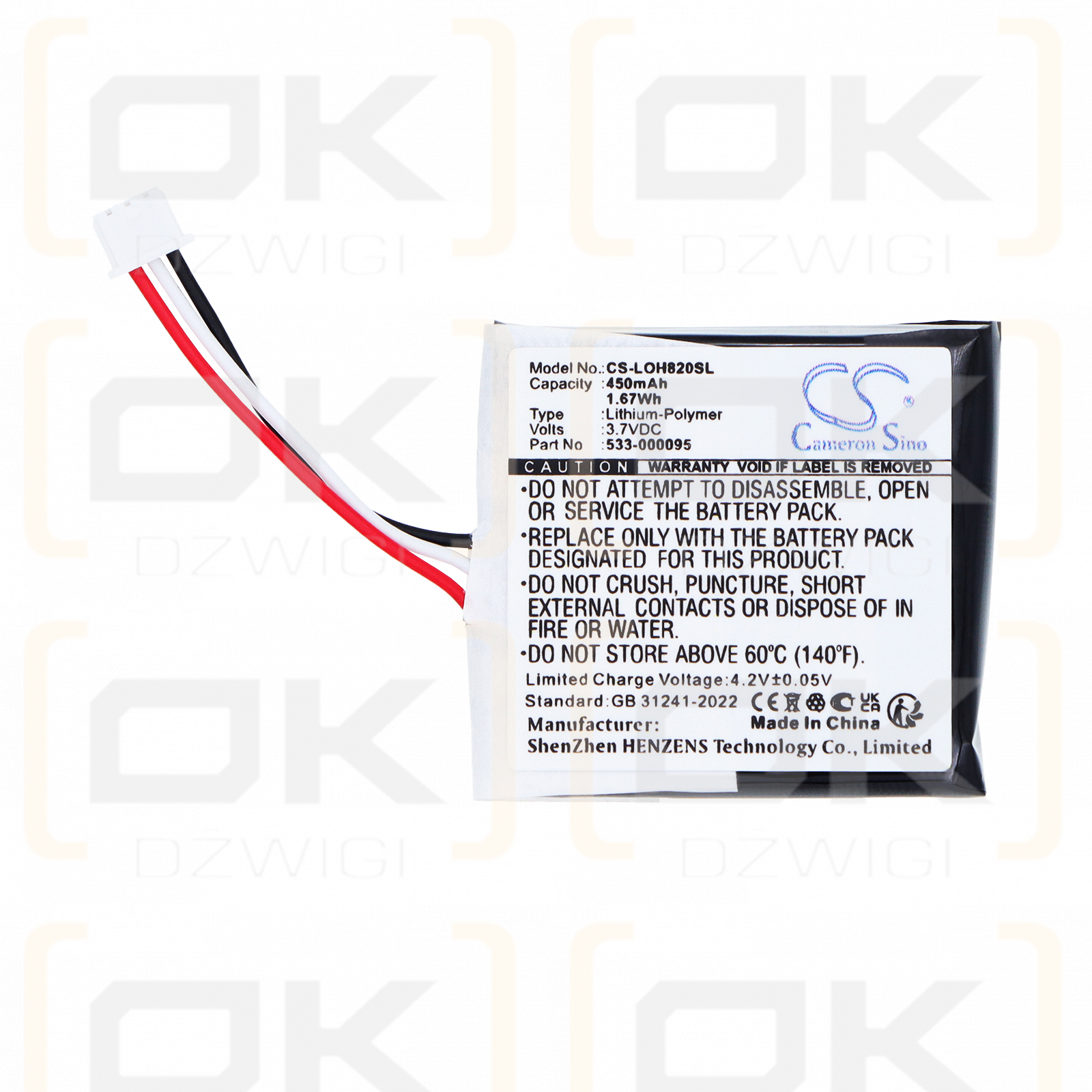 Logitech H820e / 533-000095 Batería de polímero de litio de 450 mAh y 3,7 V (Cameron Sino)