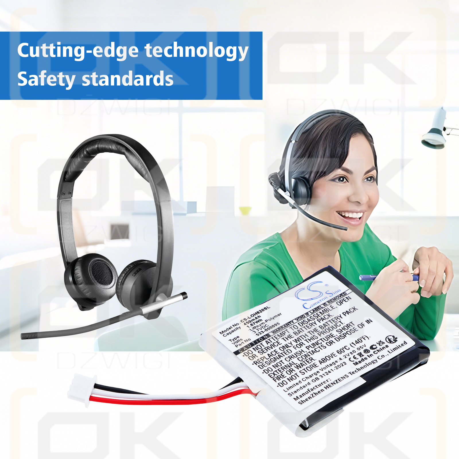 Logitech H820e / 533-000095 Batería de polímero de litio de 450 mAh y 3,7 V (Cameron Sino)