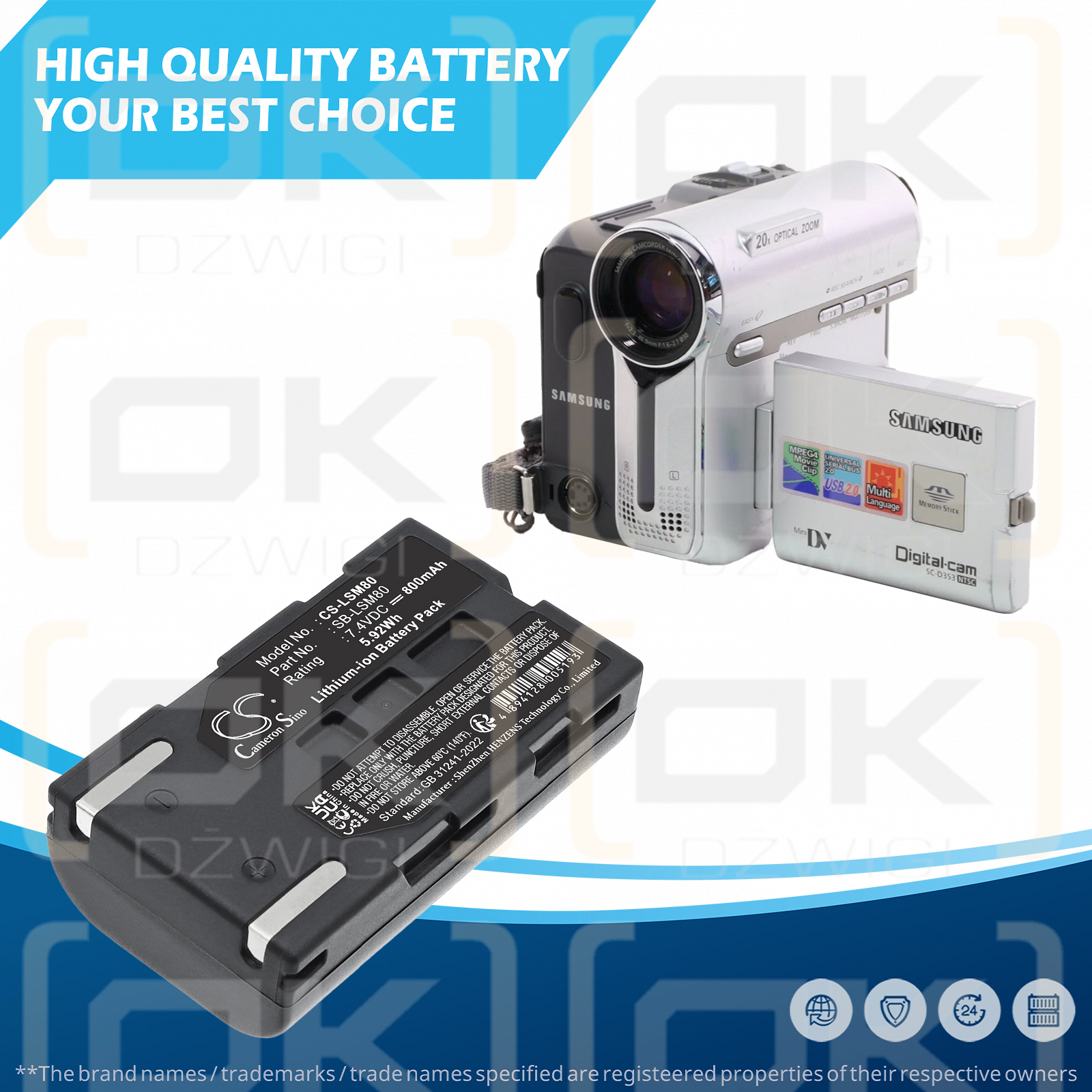 Replacement Battery for Samsung VM-DC560K / SB-LSM80 800mAh Li-ion 7.4V (Cameron Sino)