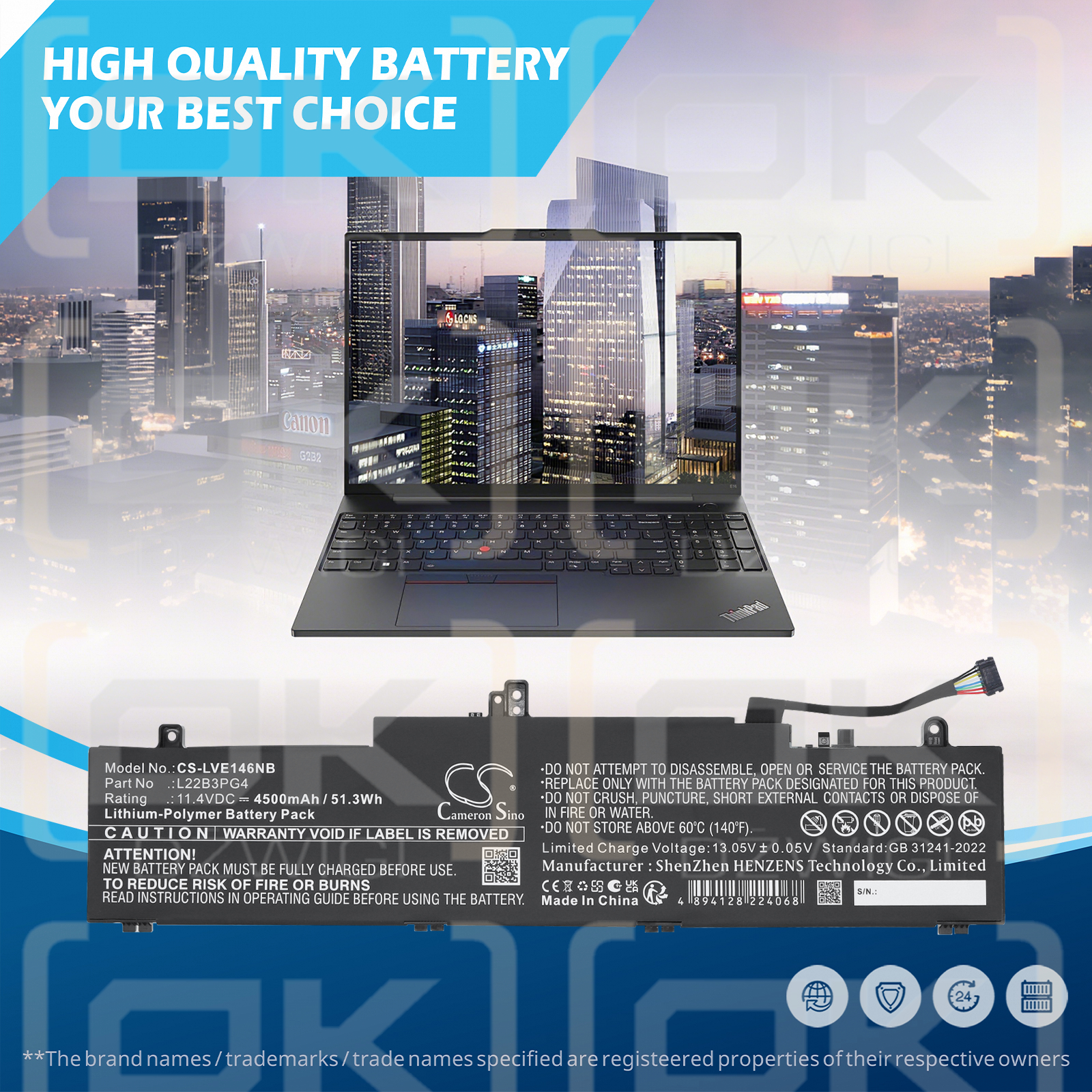 Lenovo ThinkPad E16 Gen 1(Intel)21JN00ALML / 5B11K63020 4500 mAh Li-Polymer 11,4 V (Cameron Sino)