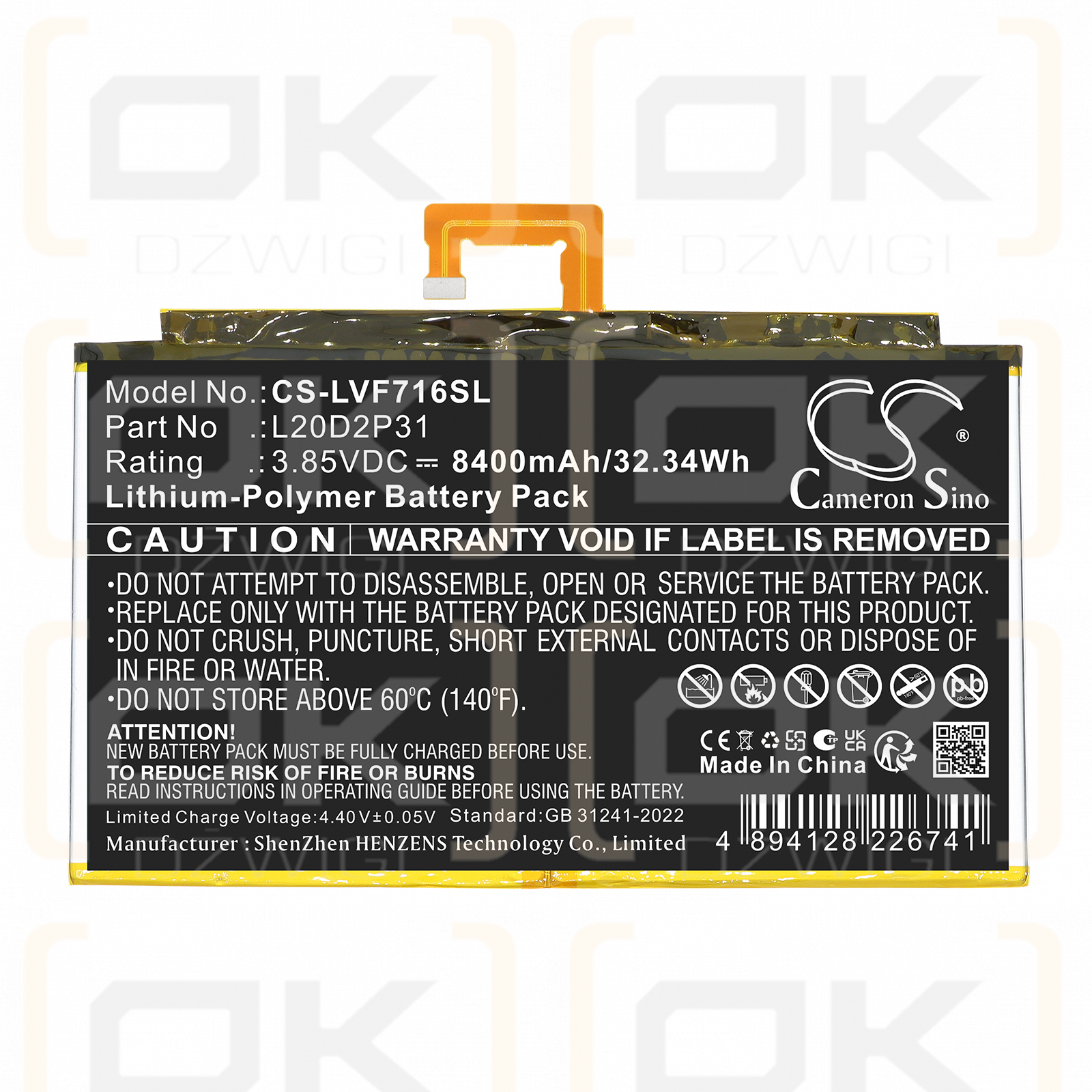 Replacement Battery for Lenovo TB-J716F / L20B2P31 8400mAh Li-Polymer 3.85V (Cameron Sino)