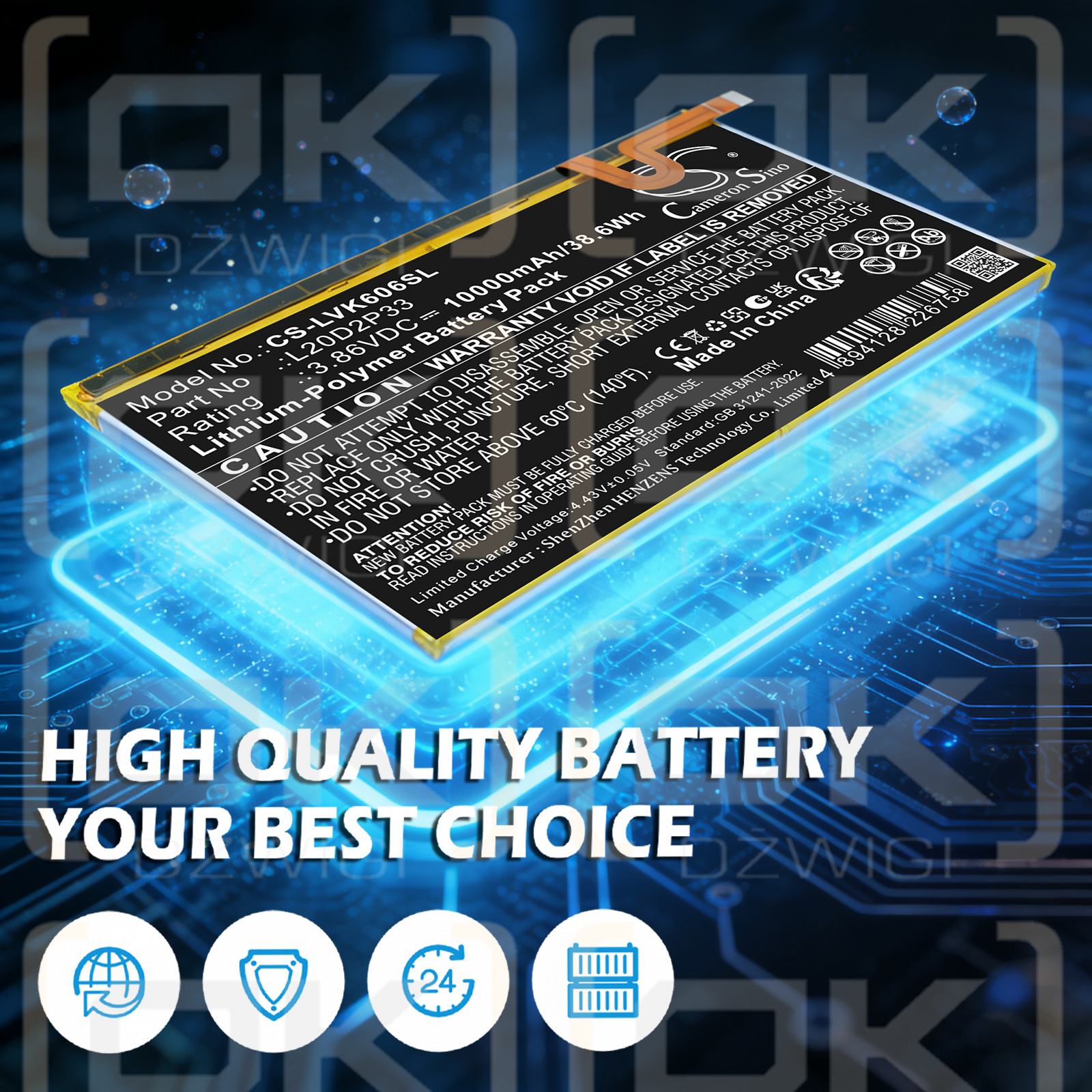 Replacement Battery for Lenovo YT-K606FW / L20C2P33 10000mAh Li-Polymer 3.86V (Cameron Sino)