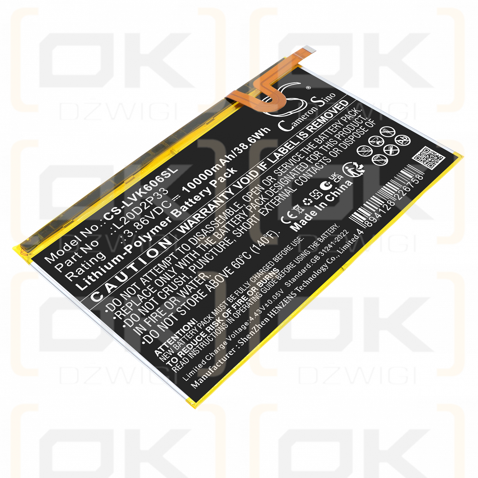 Replacement Battery for Lenovo YT-K606FW / L20C2P33 10000mAh Li-Polymer 3.86V (Cameron Sino)