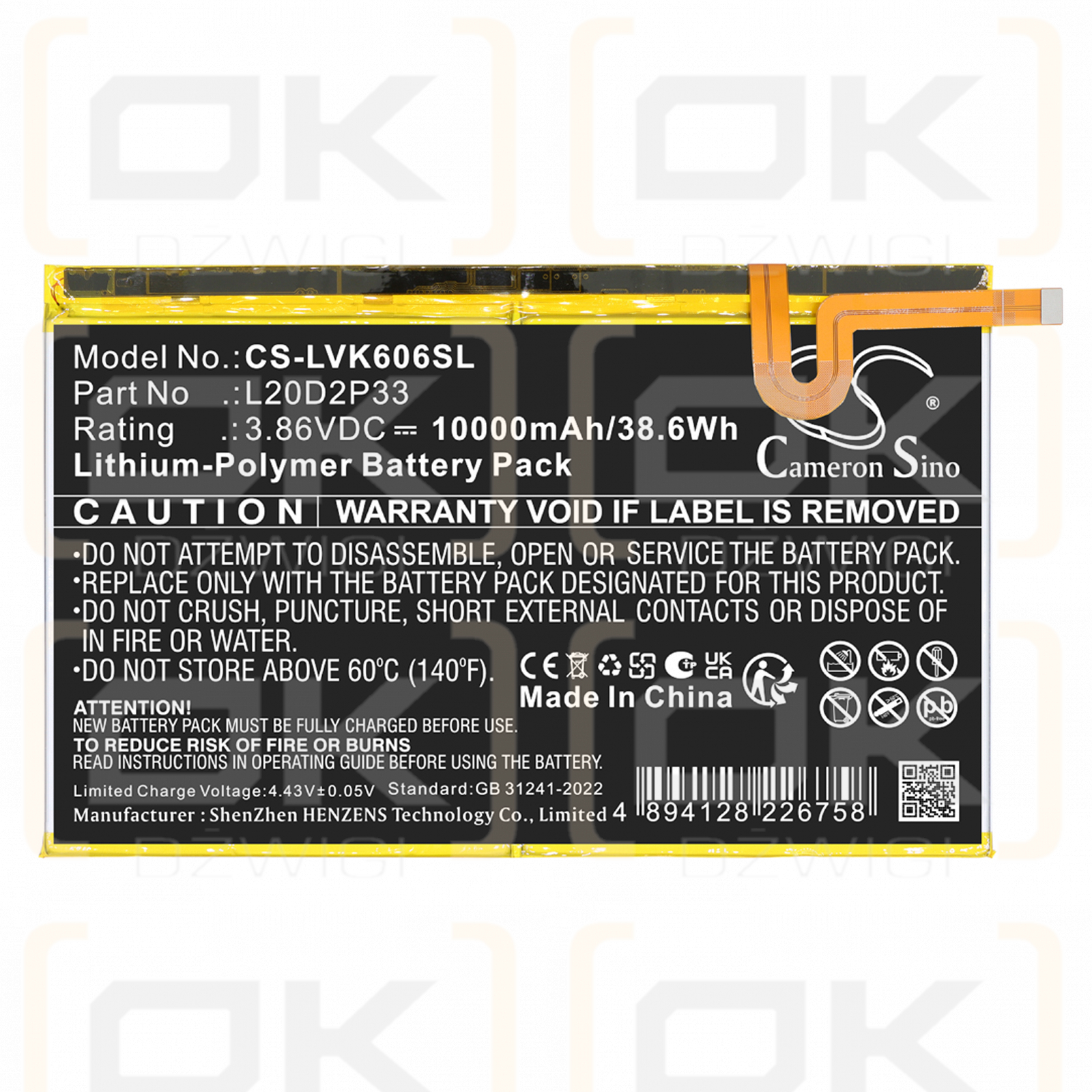Replacement Battery for Lenovo YT-K606FW / L20C2P33 10000mAh Li-Polymer 3.86V (Cameron Sino)