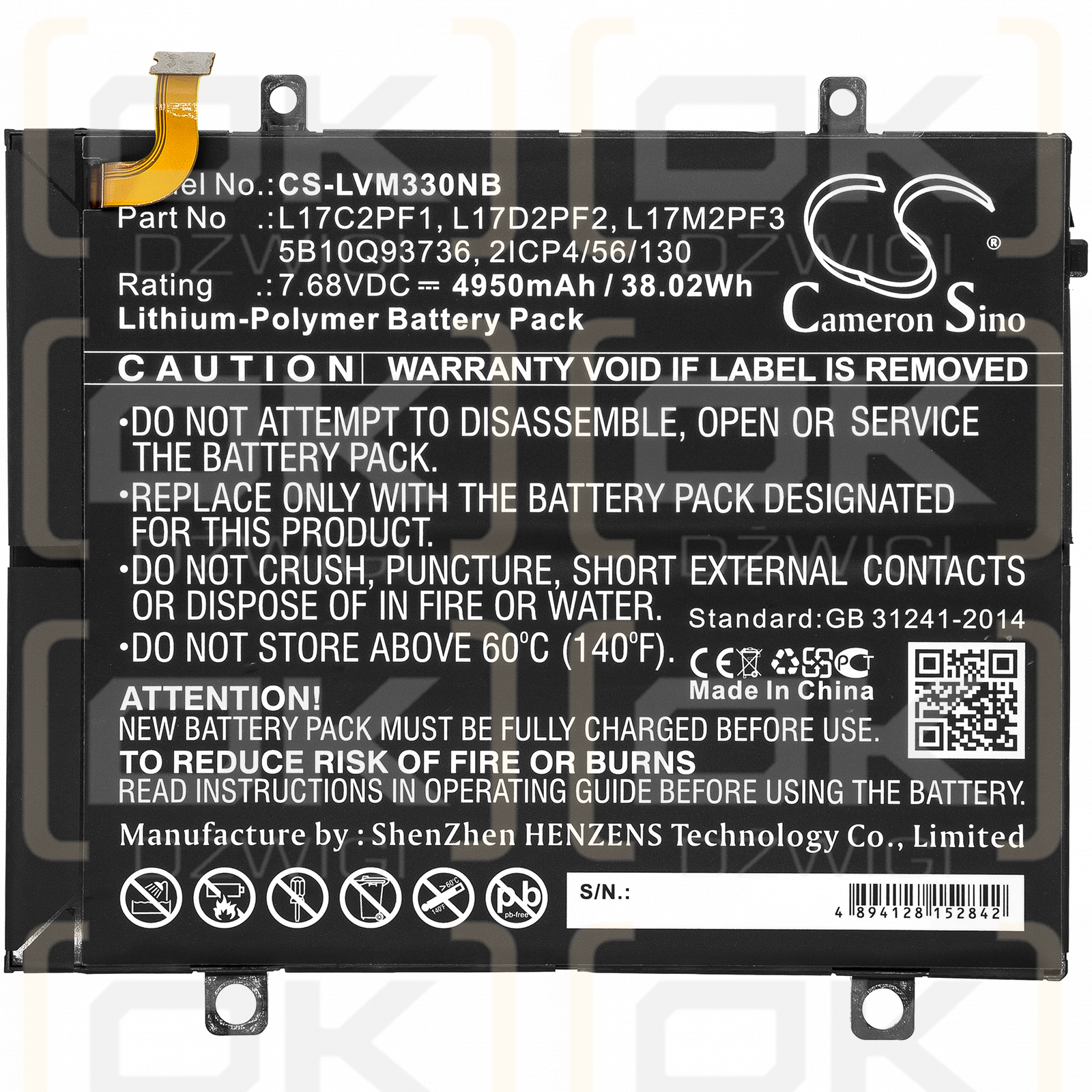 Lenovo 80XF00DFIN / 5B10Q93736 4950 mAh Li-Polymer 7.68 V (Cameron Sino)