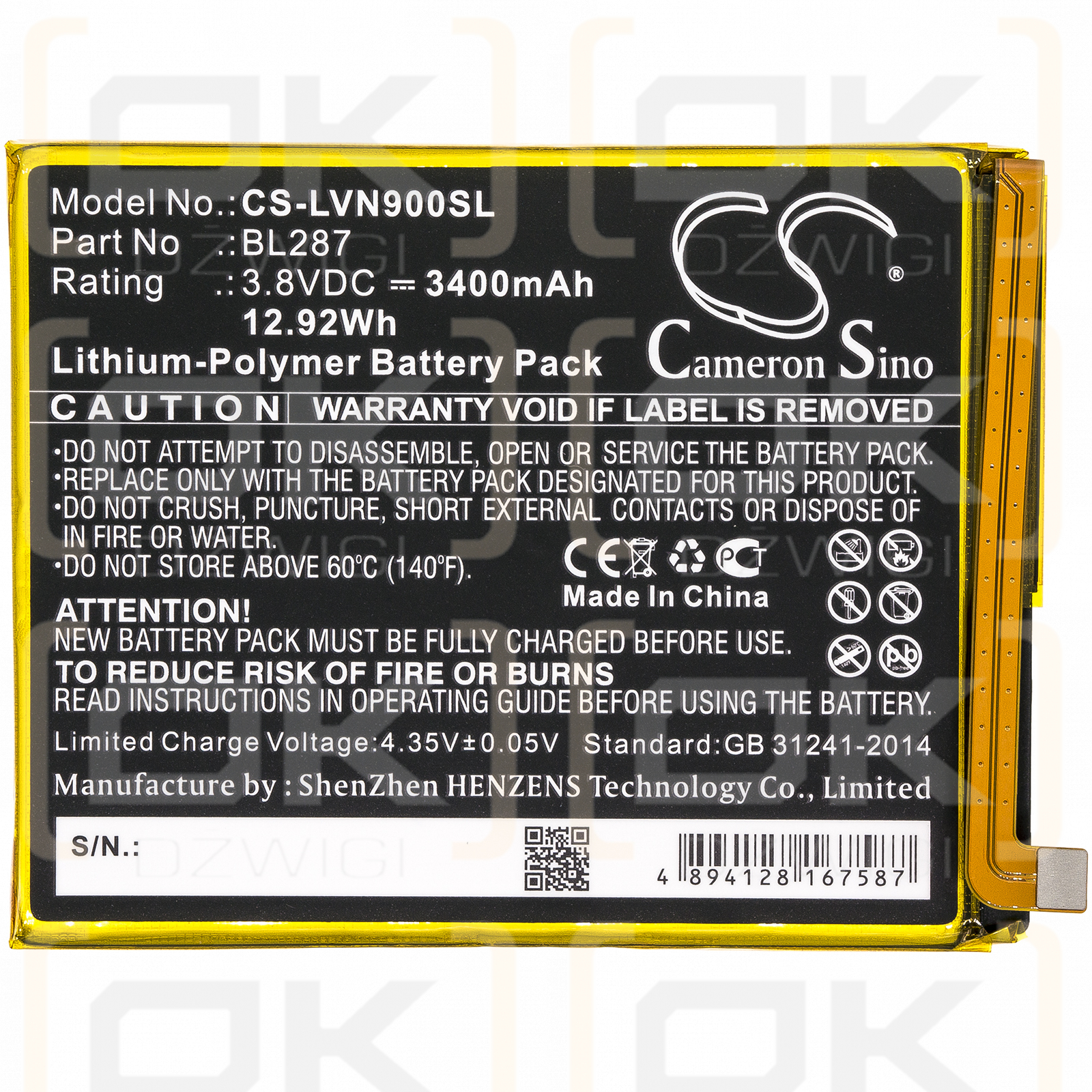 Lenovo K9 Note / BL287 3400 mAh Li-Polymer 3,8 V (Cameron Sino)