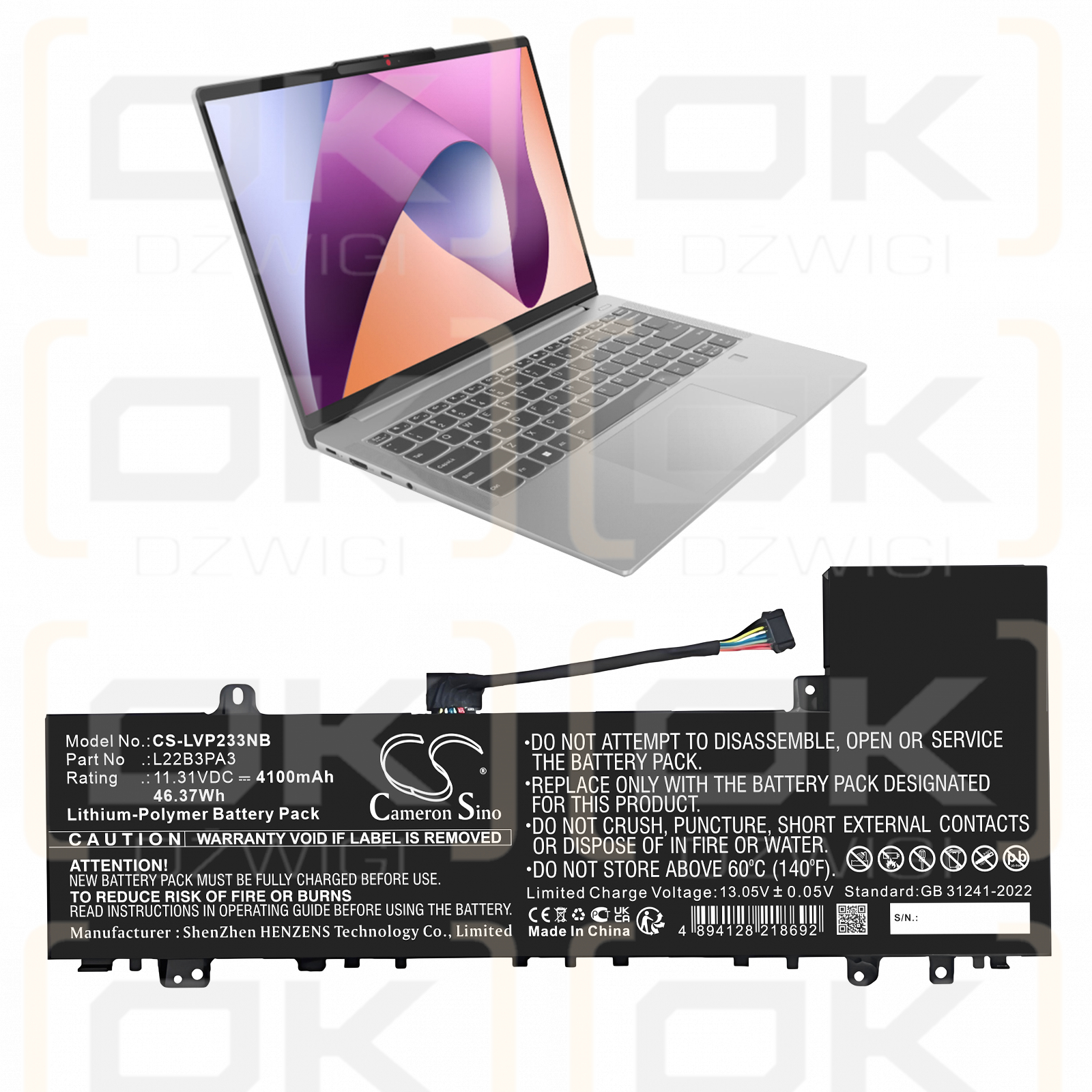 Lenovo IdeaPad Slim 5 14IRL8 82XD000VSB / 5B11K39362 4100 mAh, polímero de litio, 11,31 V (Cameron Sino)