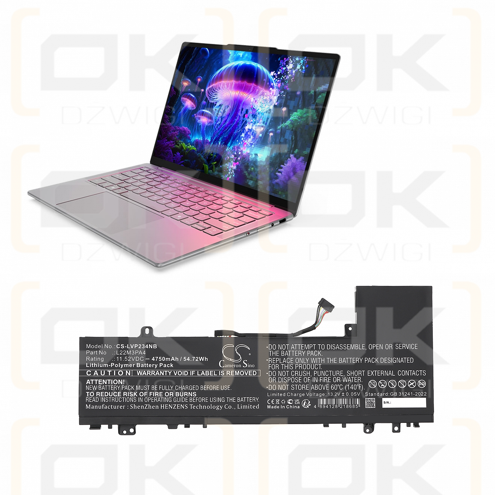 Lenovo IdeaPad Slim 5 14IRL8 82XD000UPH / 5B11K39352 4750 mAh, polímero de litio, 11,52 V (Cameron Sino)