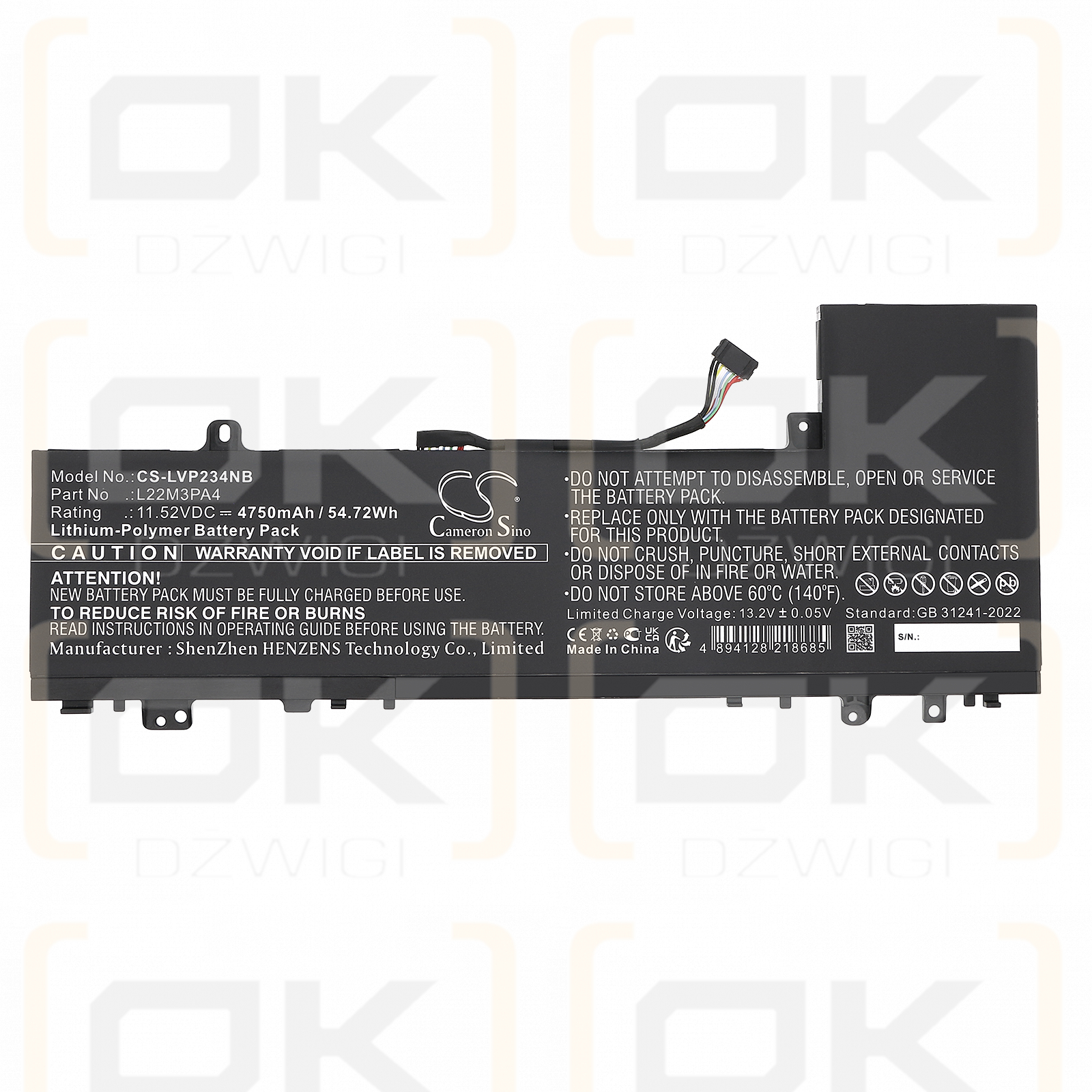Lenovo IdeaPad Slim 5 14IRL8 82XD000UPH / 5B11K39352 4750 mAh, polímero de litio, 11,52 V (Cameron Sino)
