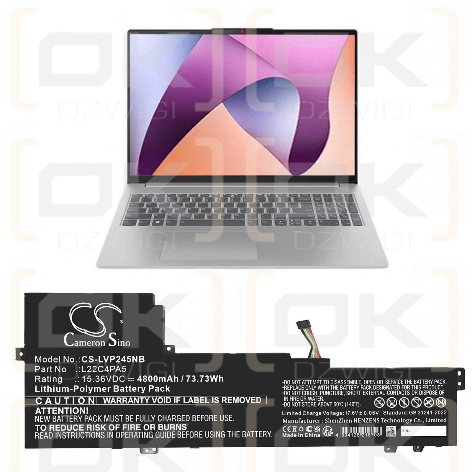 Lenovo IdeaPad Slim 5 16IAH8 83BG000WCL / 5B11K39349 4800 mAh, polímero de litio, 15,36 V (Cameron Sino)
