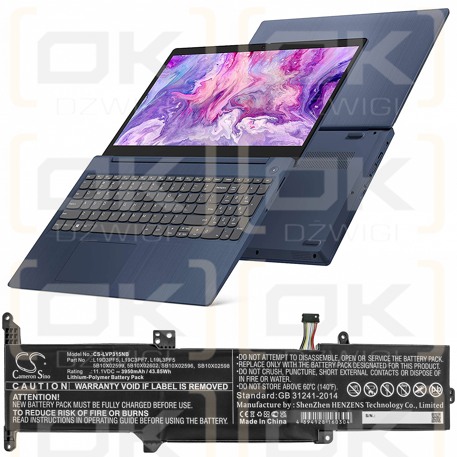 Lenovo ideapad 3-15IML05 81WB00EWAU / L19D3PF5 3950mAh Li-Polímero 11.1V (Cameron Sino)