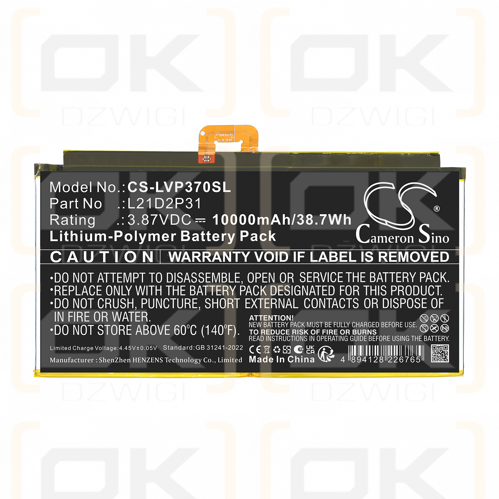 Replacement Battery for Lenovo ZACH0165US / L21C2P31 10000mAh Li-Polymer 3.87V (Cameron Sino)